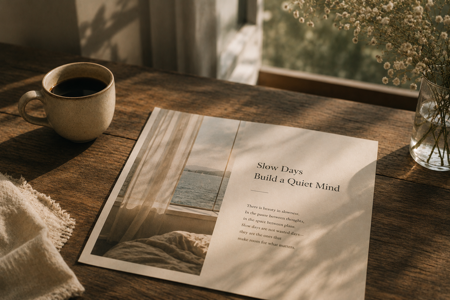 A quiet notebook and warm drink in morning light
