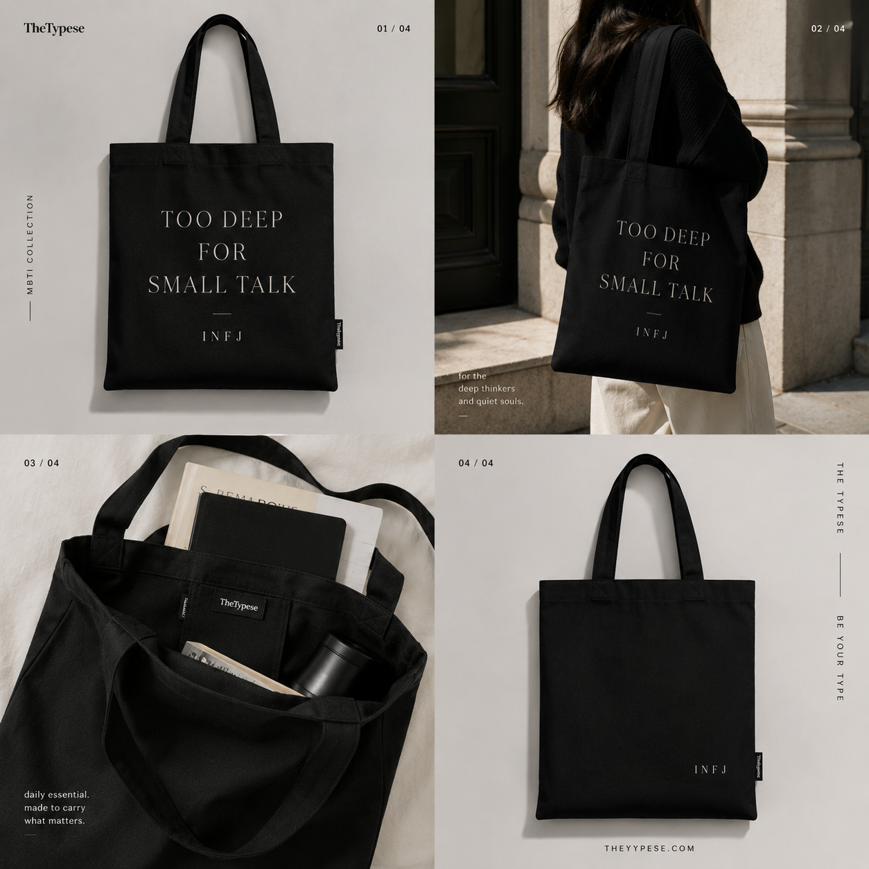 INFJ Cotton Canvas Tote Bag - Black / "Too Deep for Small Talk"