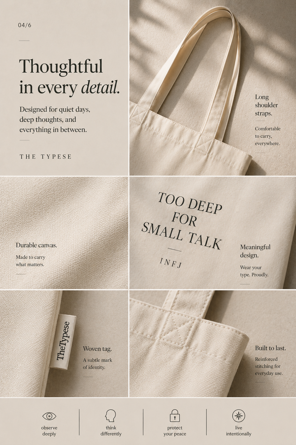 INFJ Cotton Canvas Tote Bag - Natural / "Too Deep for Small Talk"