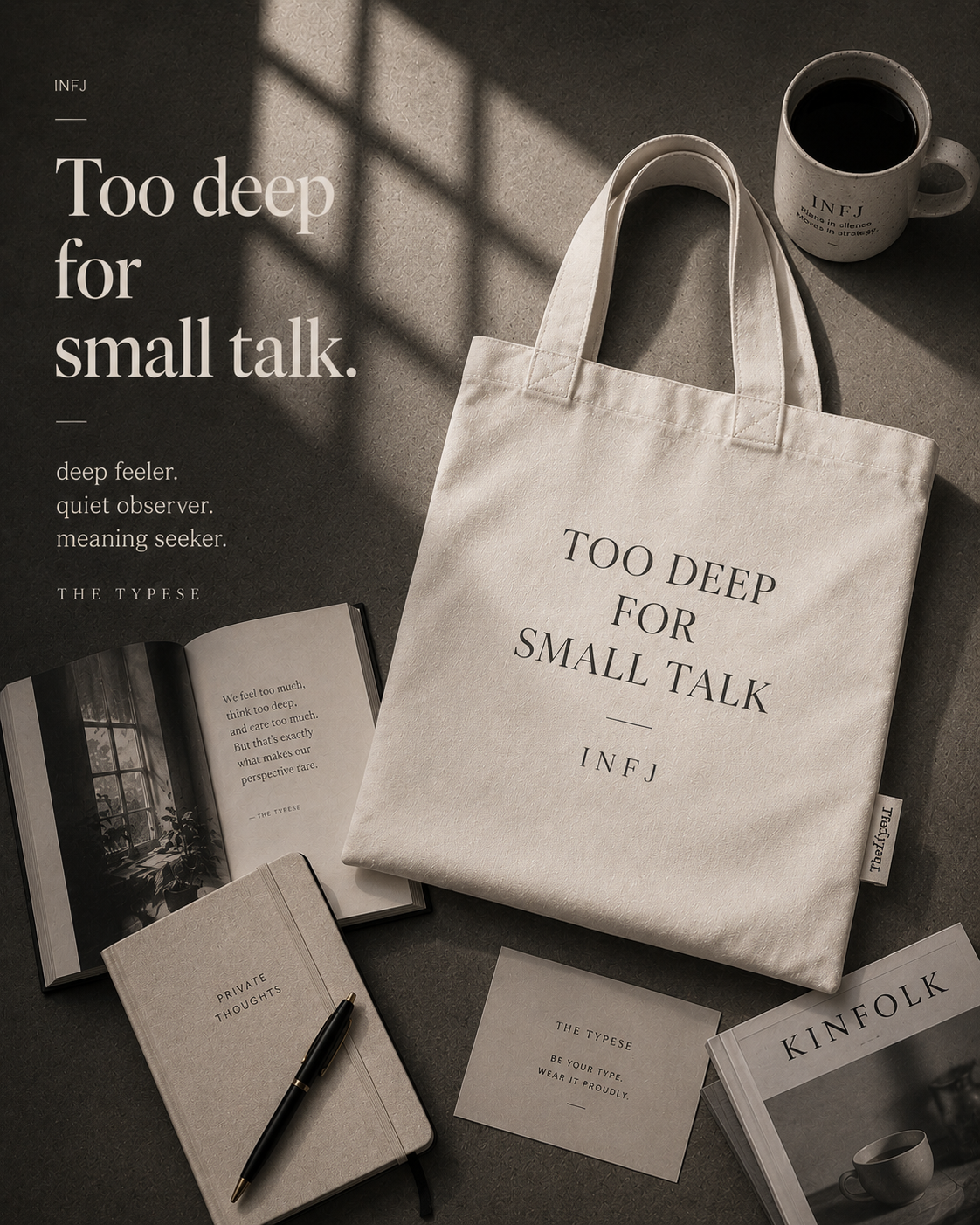 INFJ Cotton Canvas Tote Bag - Natural / "Too Deep for Small Talk"