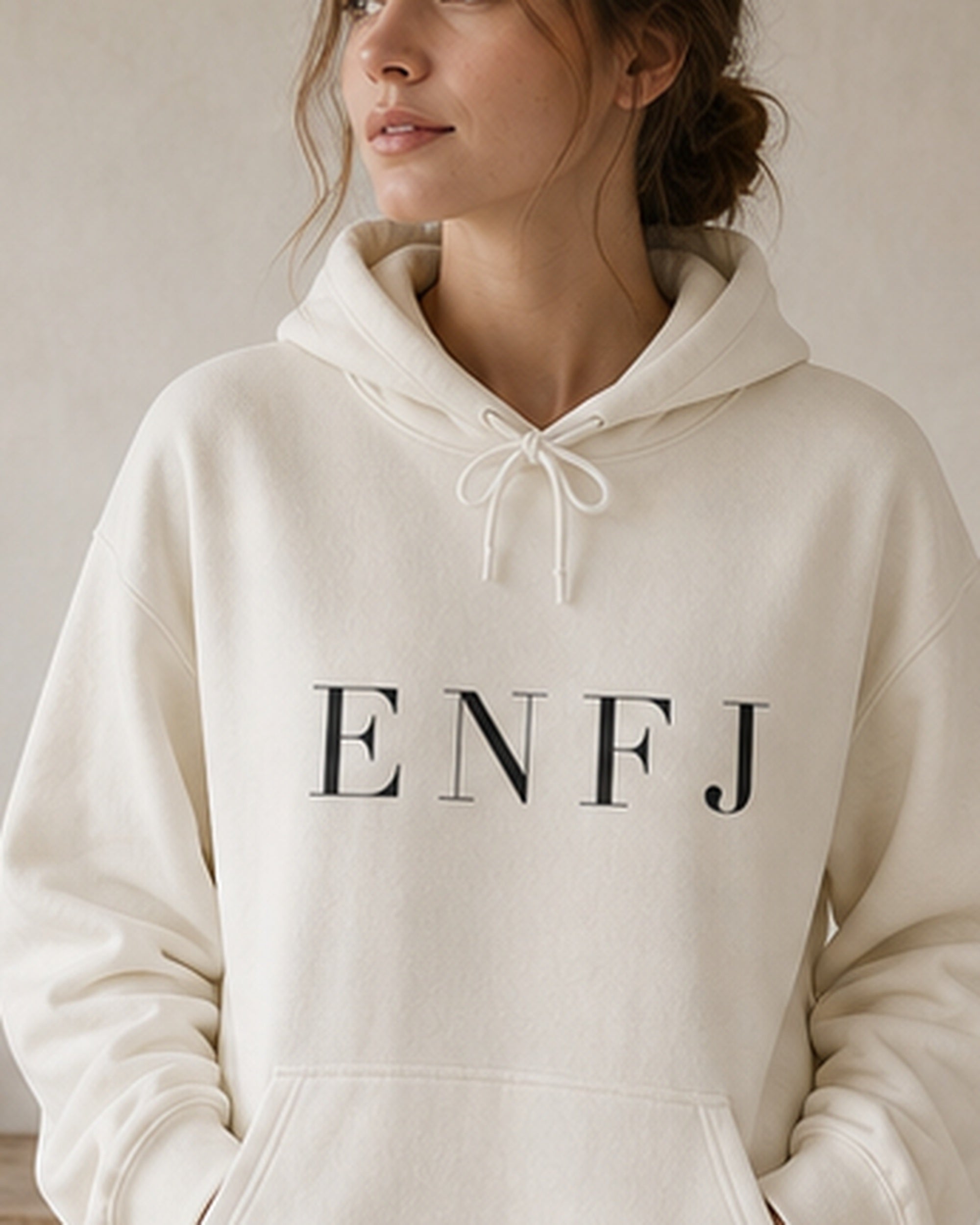 The Typese ENFJ Gildan hoodie in white, female front detail
