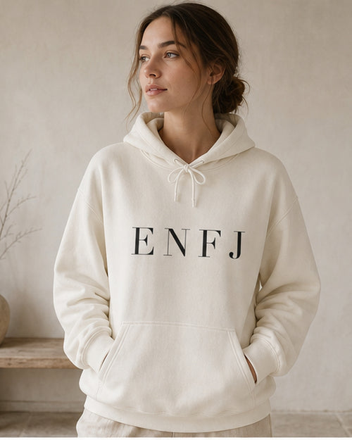 The Typese ENFJ Gildan hoodie in white, female front