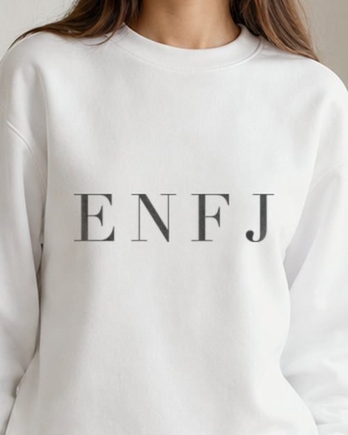 The Typese ENFJ Gildan crewneck sweatshirt in white, female front detail v8