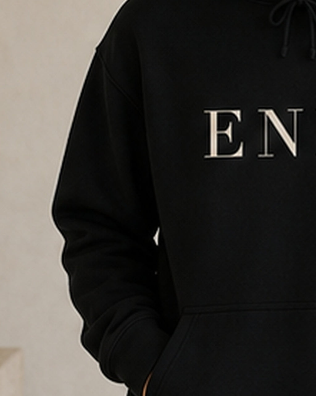 The Typese ENFP Gildan hoodie in black, sleeve detail