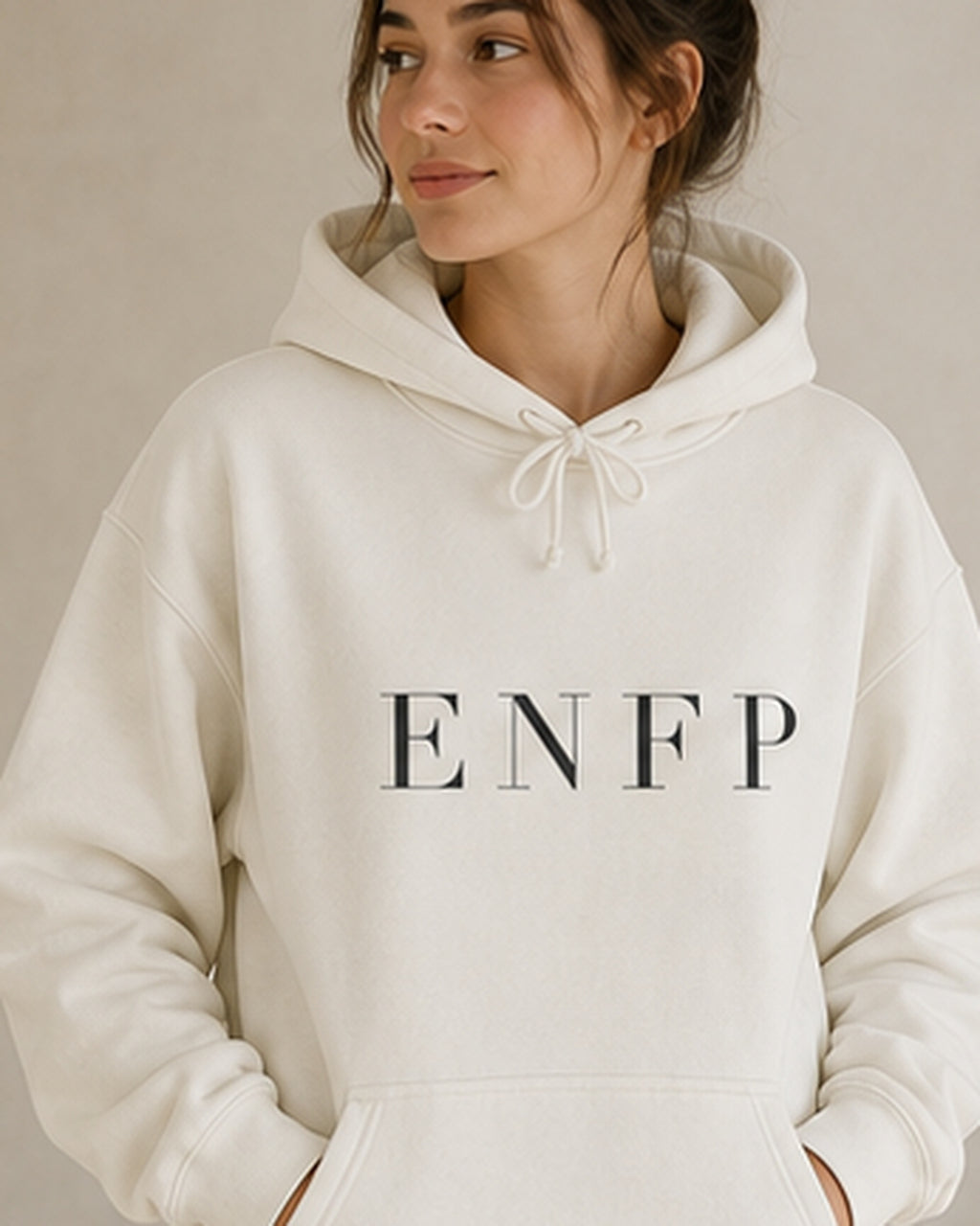 The Typese ENFP Gildan hoodie in white, female front detail