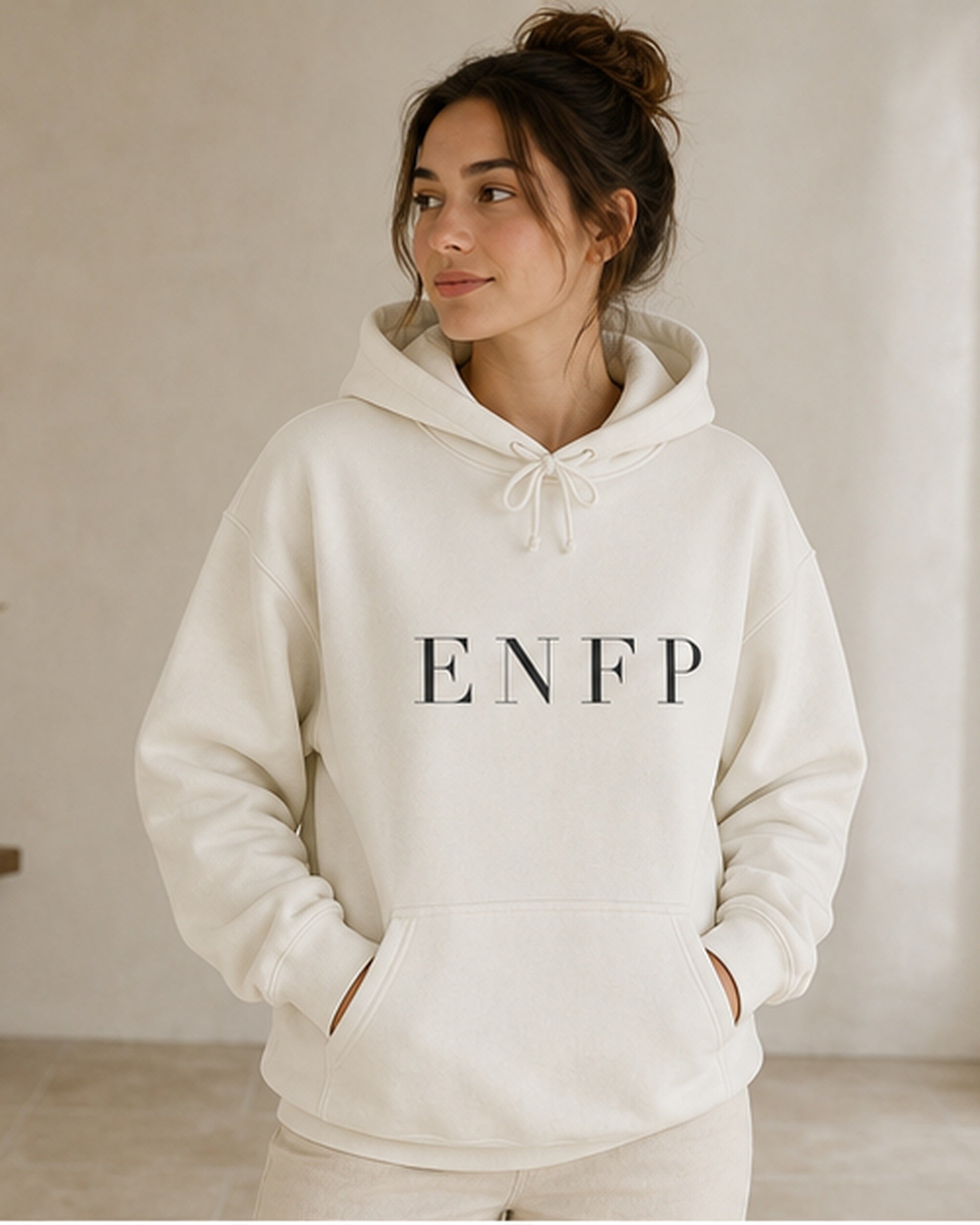 The Typese ENFP Gildan hoodie in white, female front