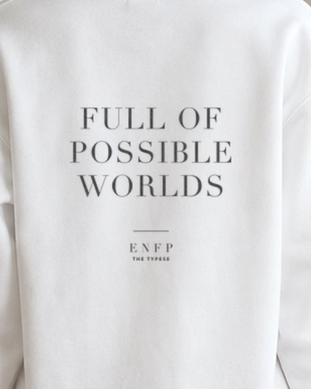The Typese ENFP Gildan crewneck sweatshirt in white, female back print close