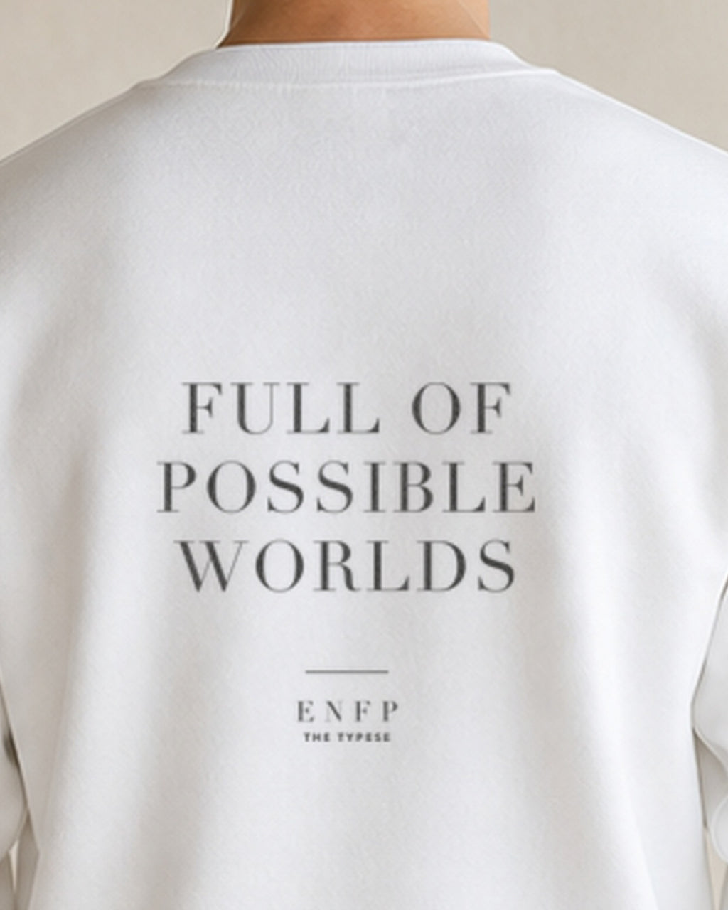 The Typese ENFP Gildan crewneck sweatshirt in white, male back neckline print