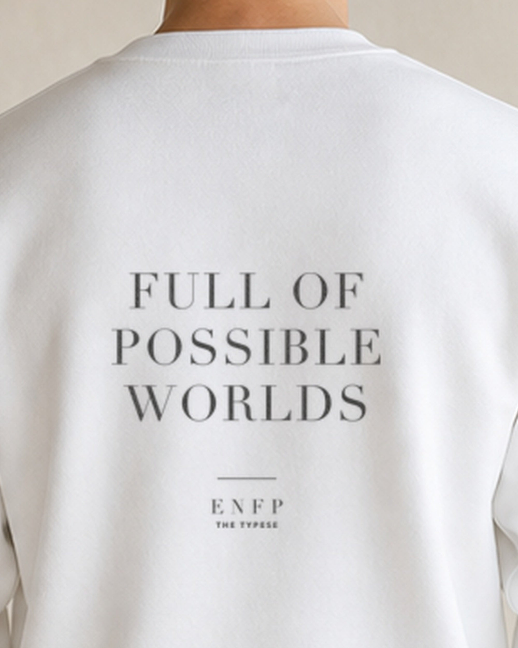 The Typese ENFP Gildan crewneck sweatshirt in white, male back neckline print