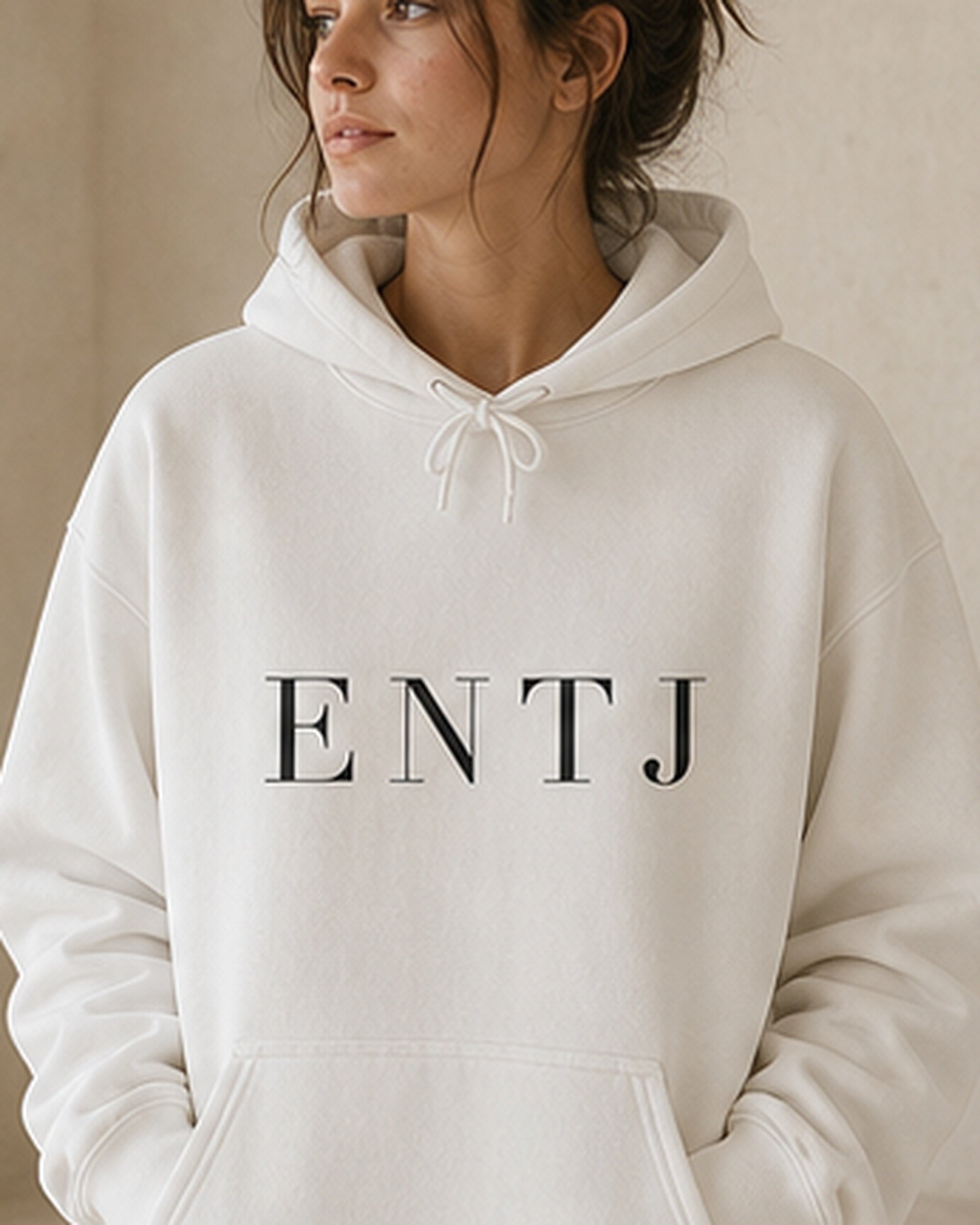 The Typese ENTJ Gildan hoodie in white, female front detail