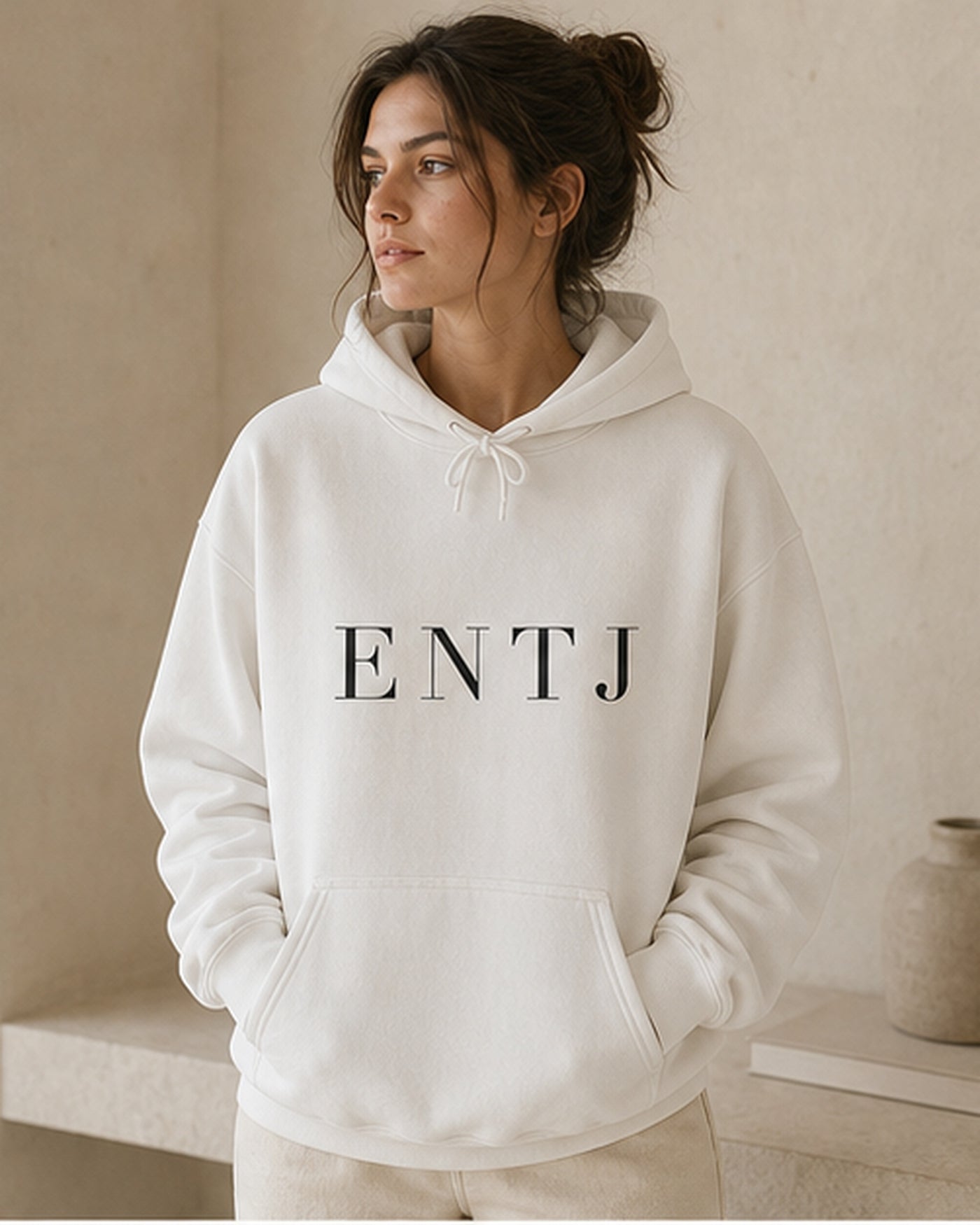 The Typese ENTJ Gildan hoodie in white, female front