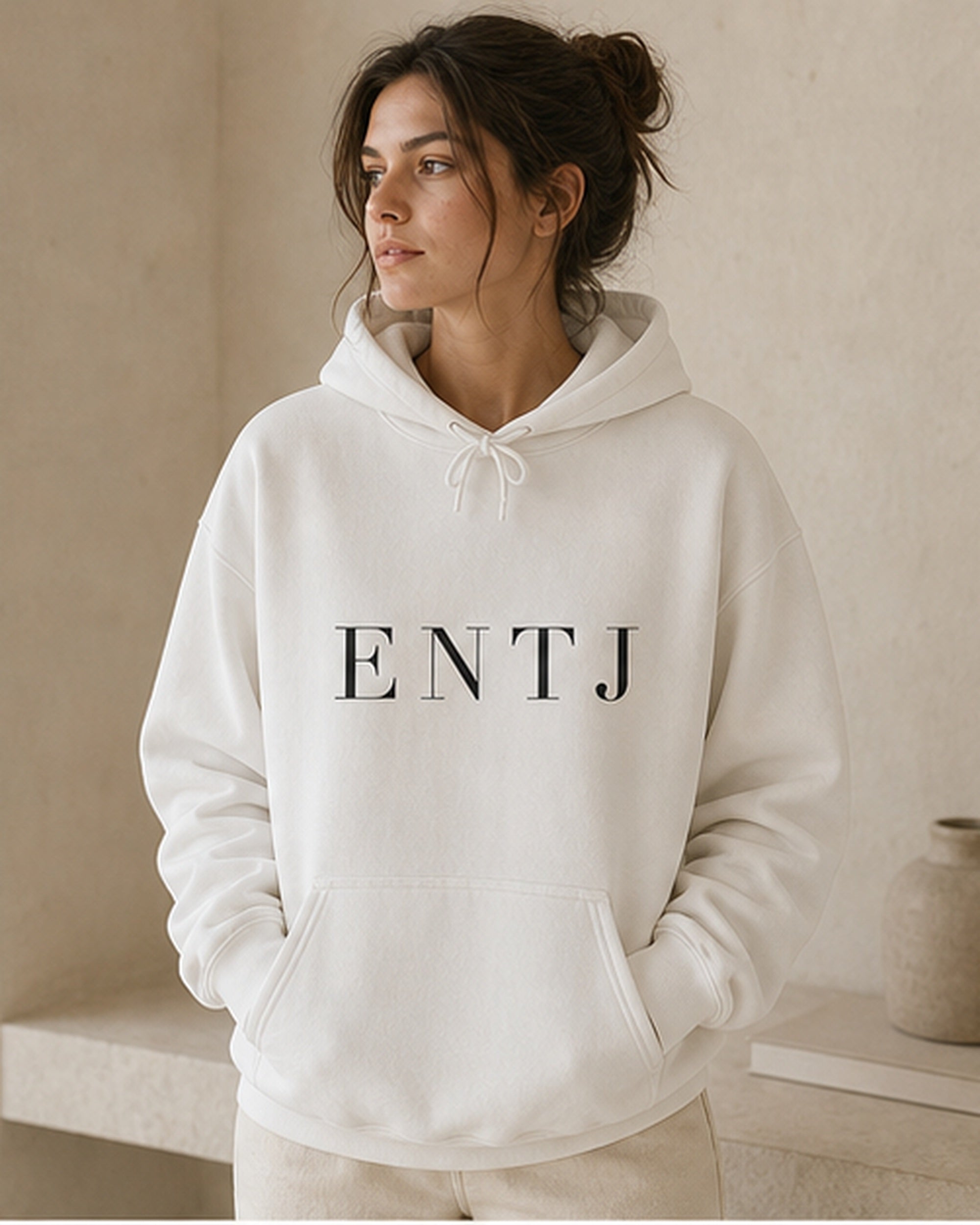 The Typese ENTJ Gildan hoodie in white, female front