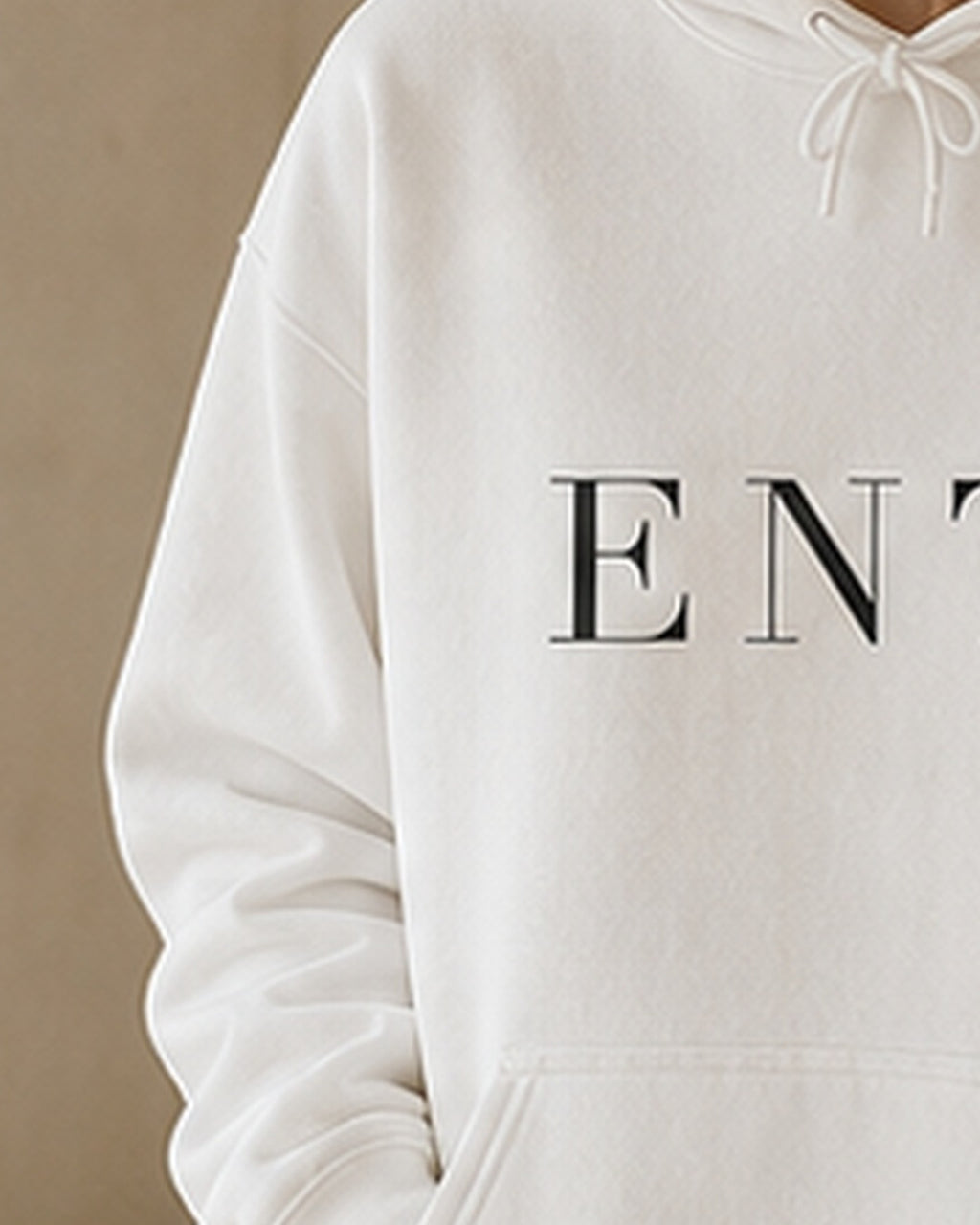 The Typese ENTJ Gildan hoodie in white, sleeve detail