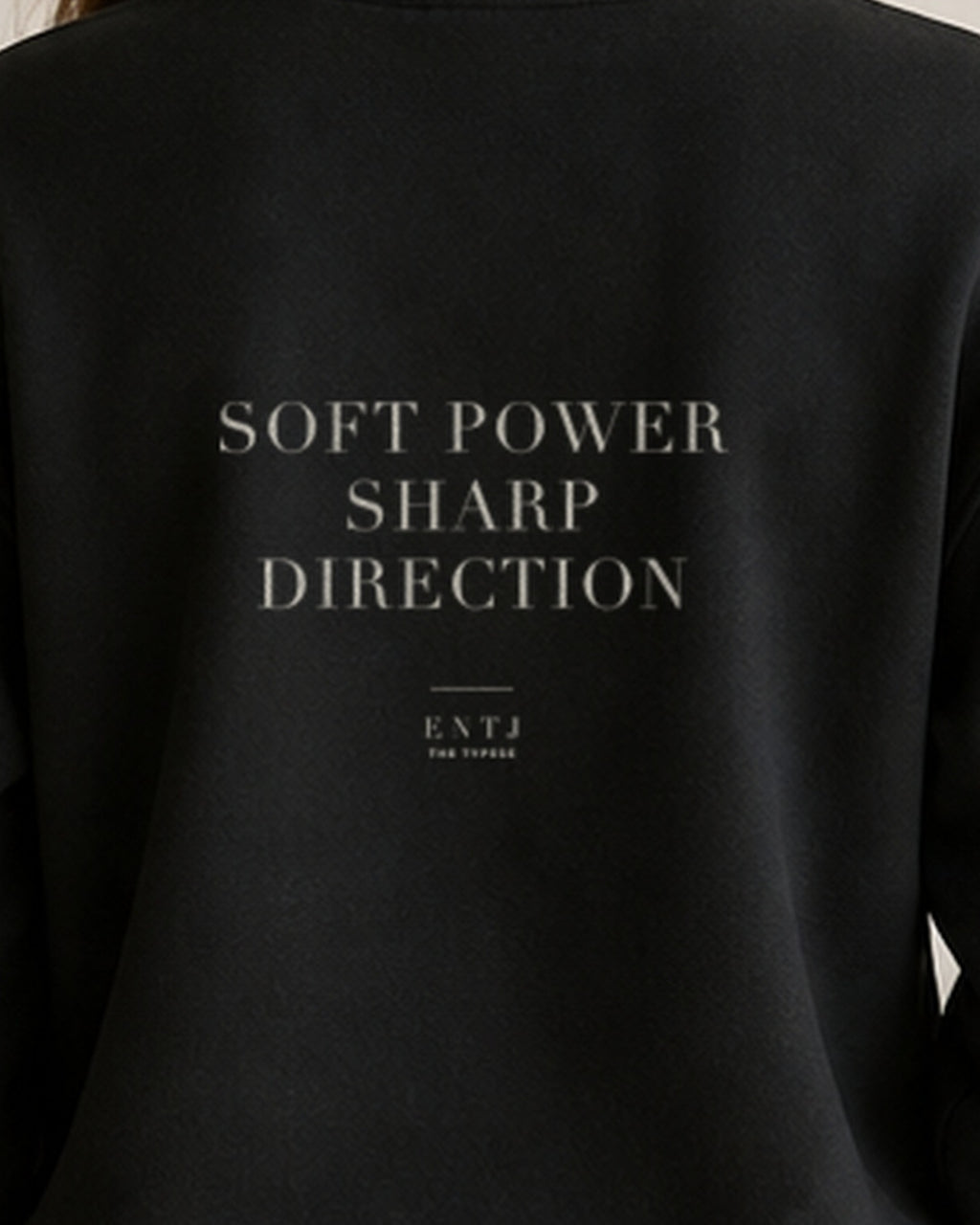 The Typese ENTJ Gildan crewneck sweatshirt in black, female back print close