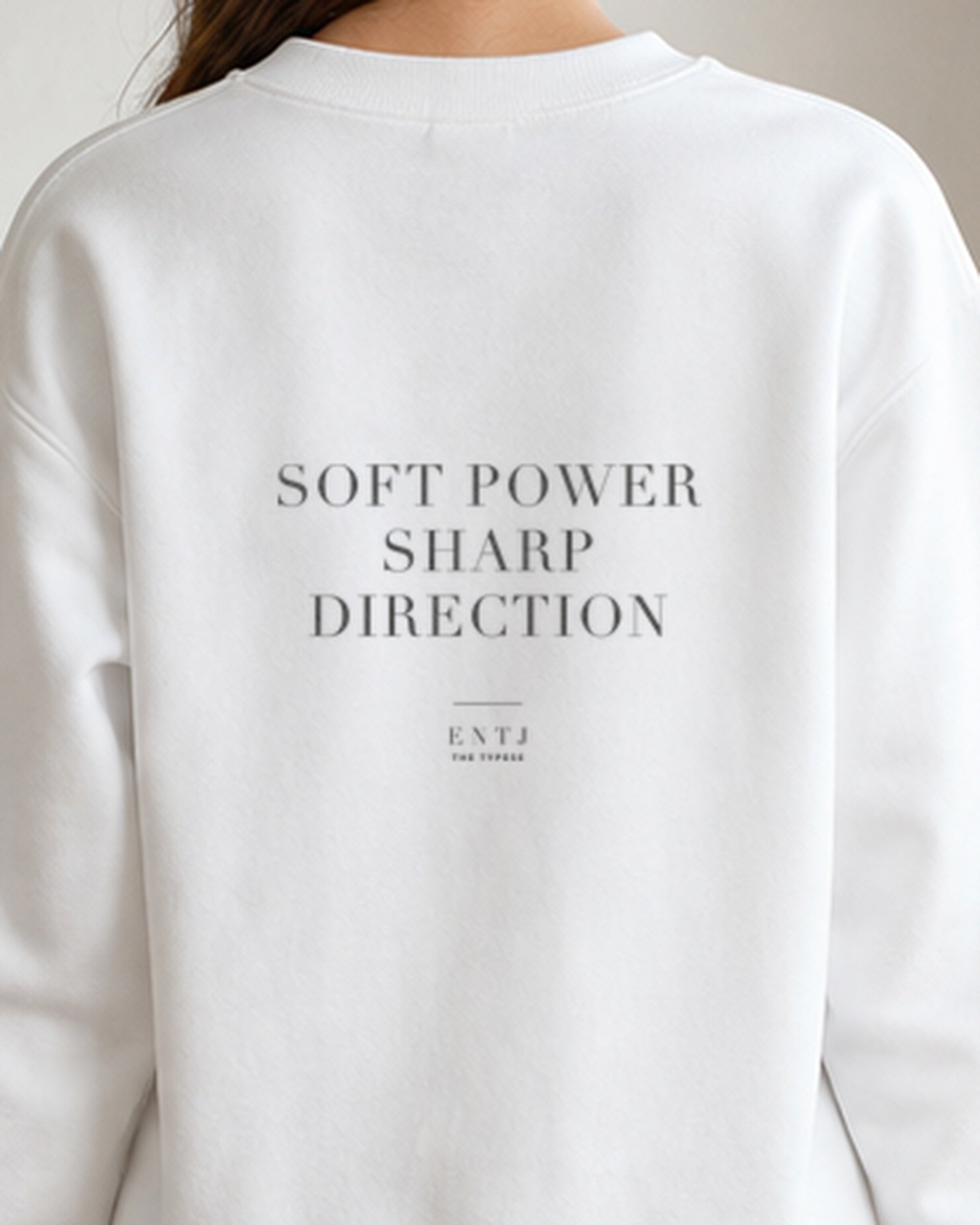 The Typese ENTJ Gildan crewneck sweatshirt in white, female back detail