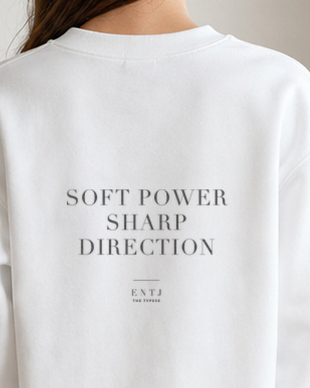 The Typese ENTJ Gildan crewneck sweatshirt in white, female back neckline print