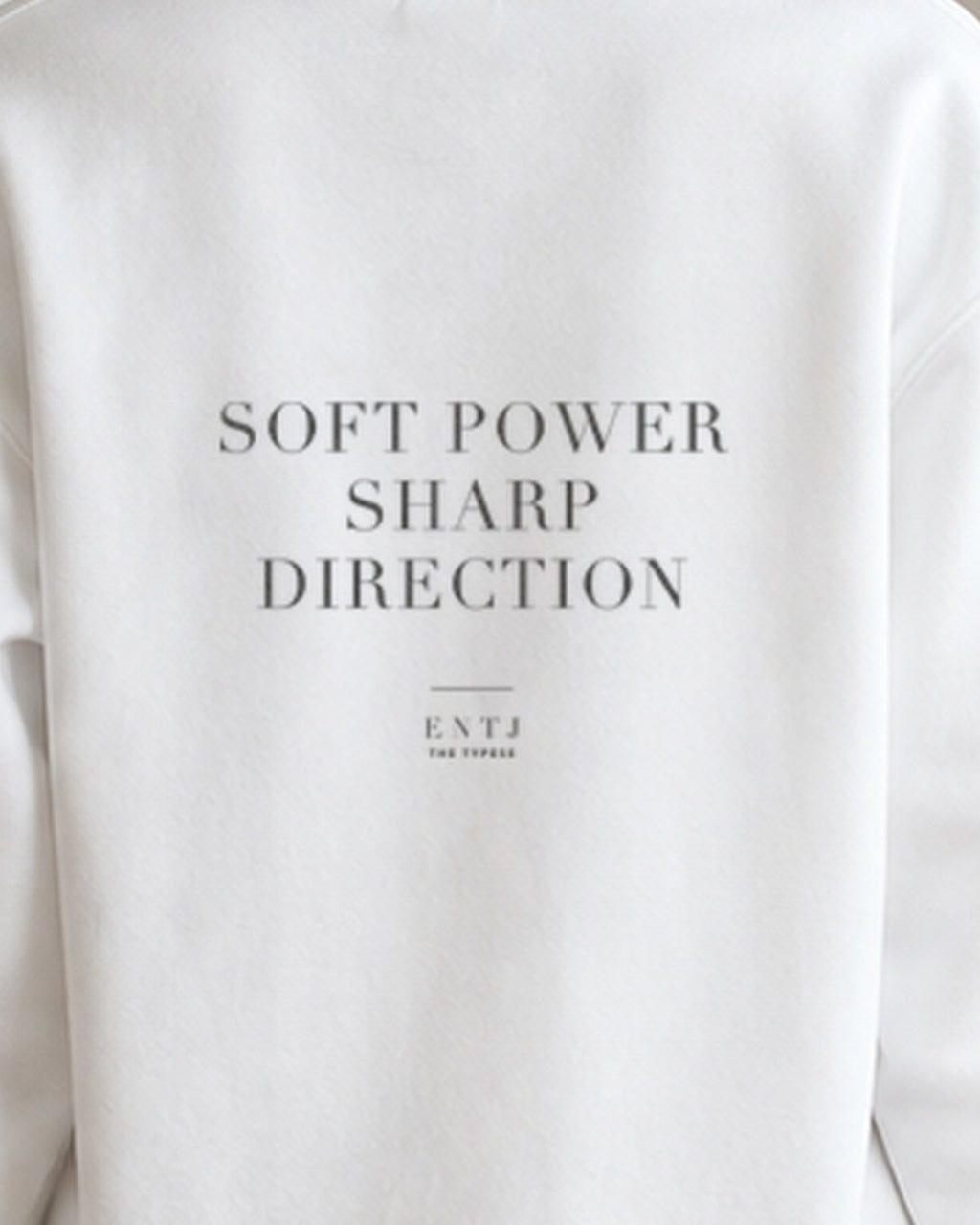 The Typese ENTJ Gildan crewneck sweatshirt in white, female back print close
