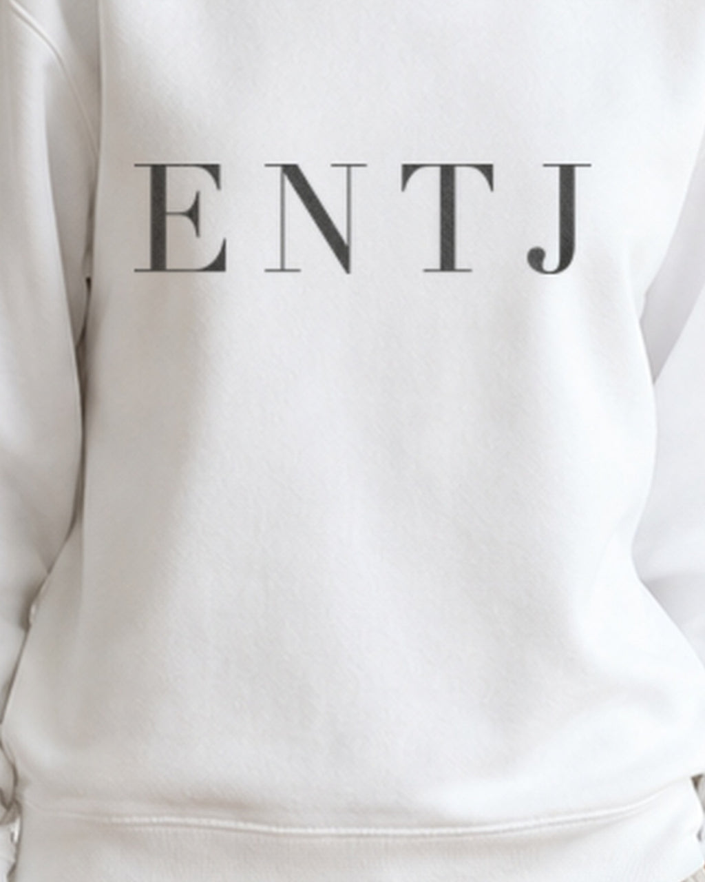 The Typese ENTJ Gildan crewneck sweatshirt in white, female front print close