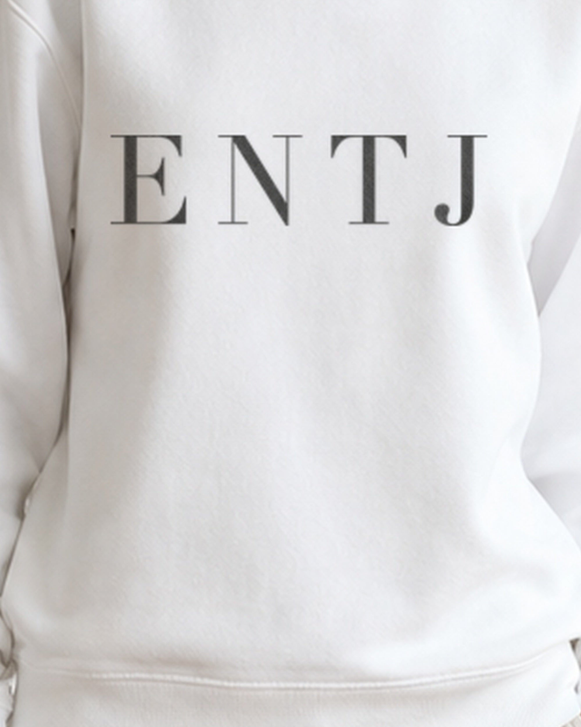 The Typese ENTJ Gildan crewneck sweatshirt in white, female front print close