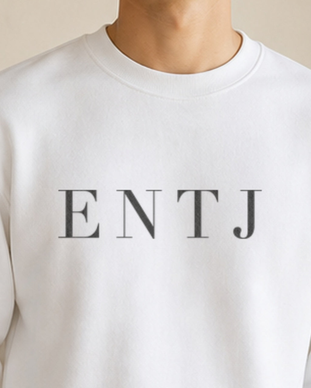 The Typese ENTJ Gildan crewneck sweatshirt in white, male front neckline fabric