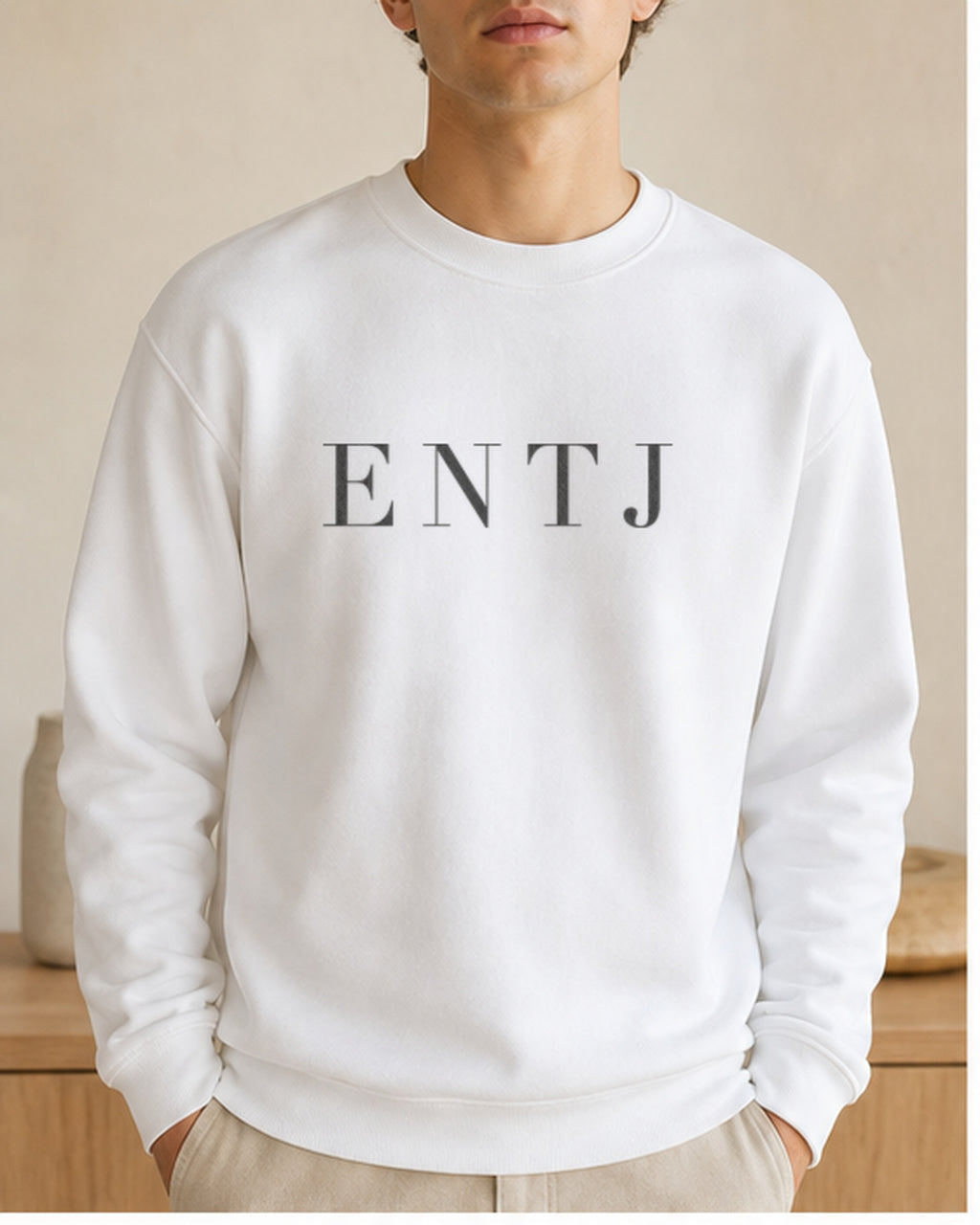 The Typese ENTJ Gildan crewneck sweatshirt in white, male front