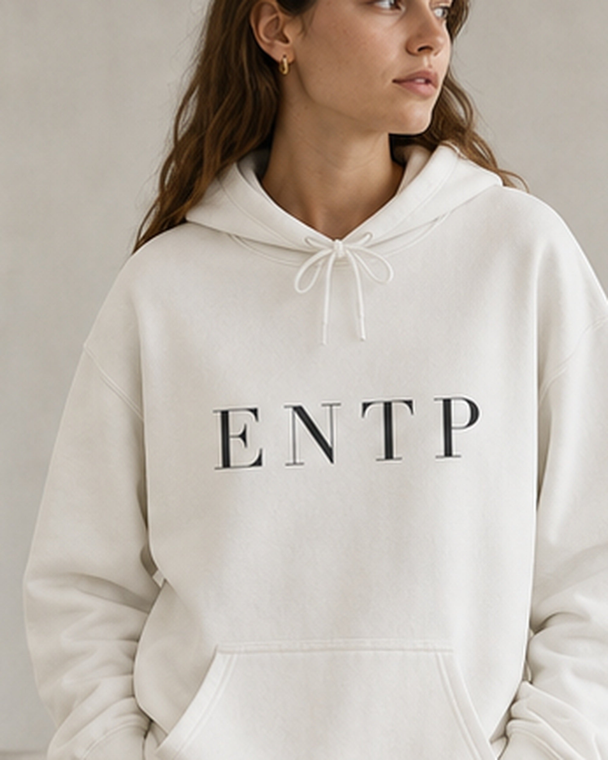The Typese ENTP Gildan hoodie in white, female front detail