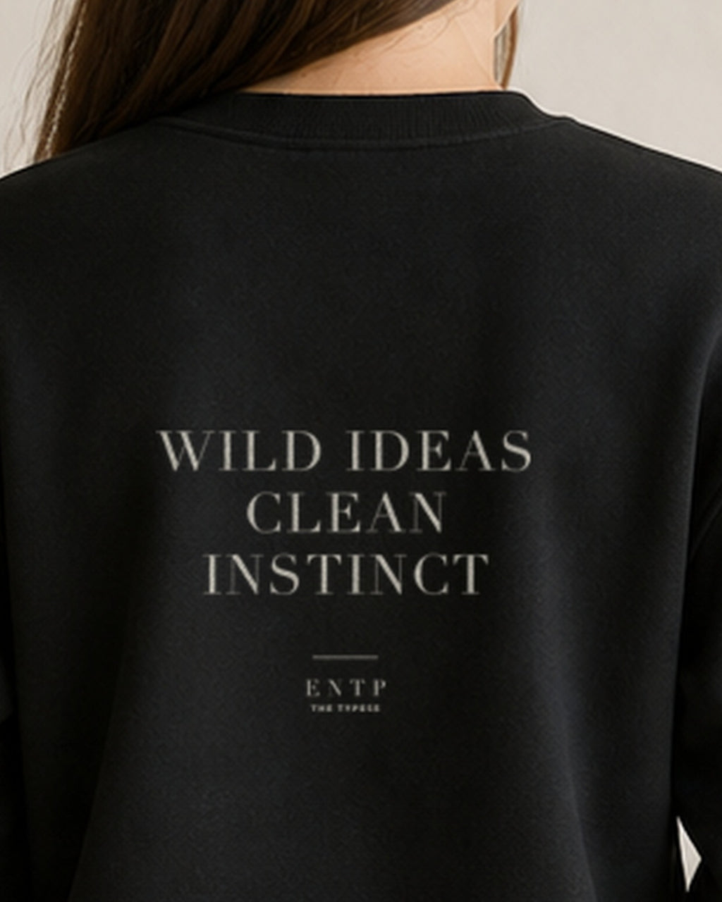 The Typese ENTP Gildan crewneck sweatshirt in black, female back neckline print