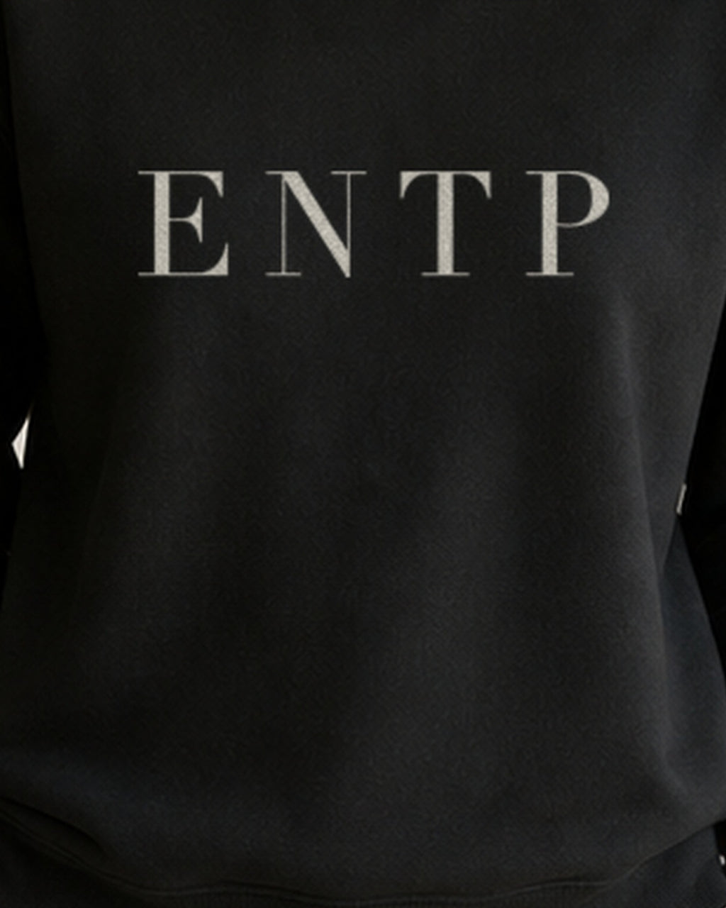 The Typese ENTP Gildan crewneck sweatshirt in black, female front print close