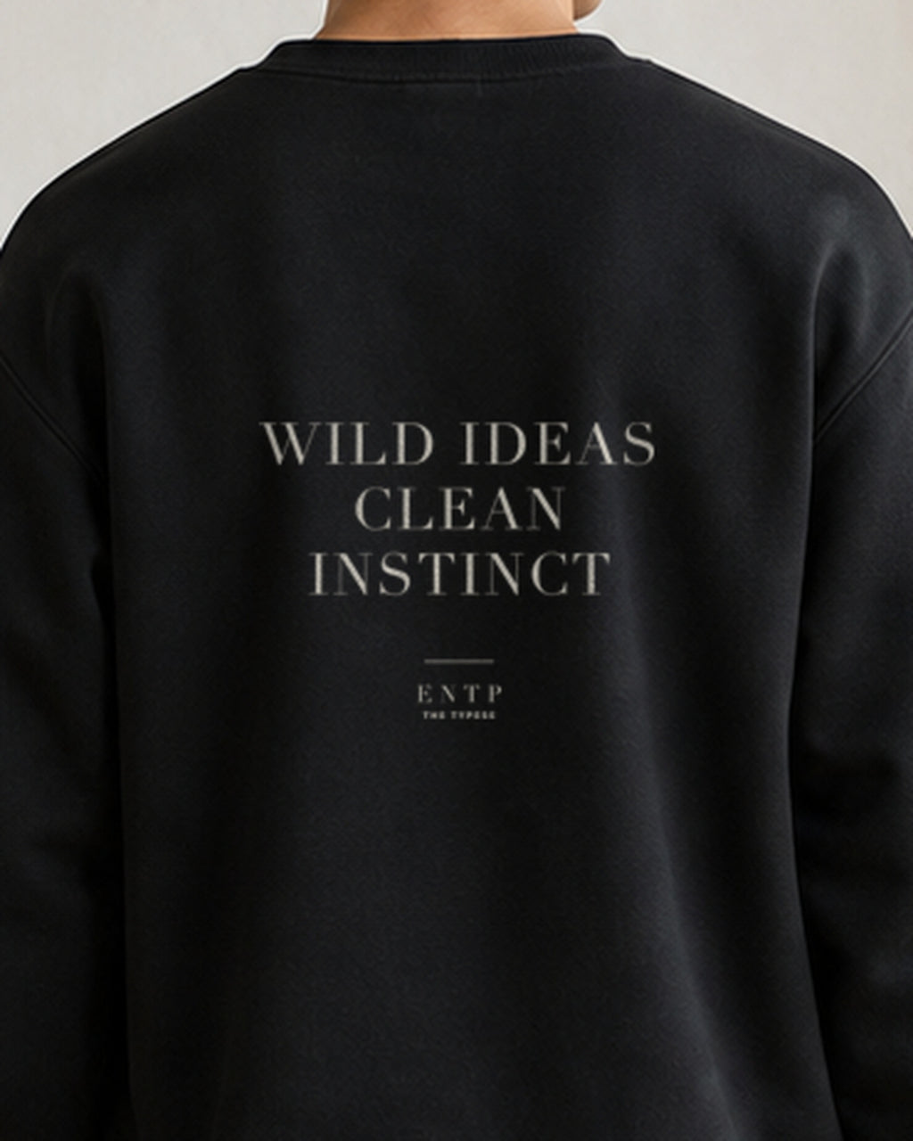 The Typese ENTP Gildan crewneck sweatshirt in black, male back detail