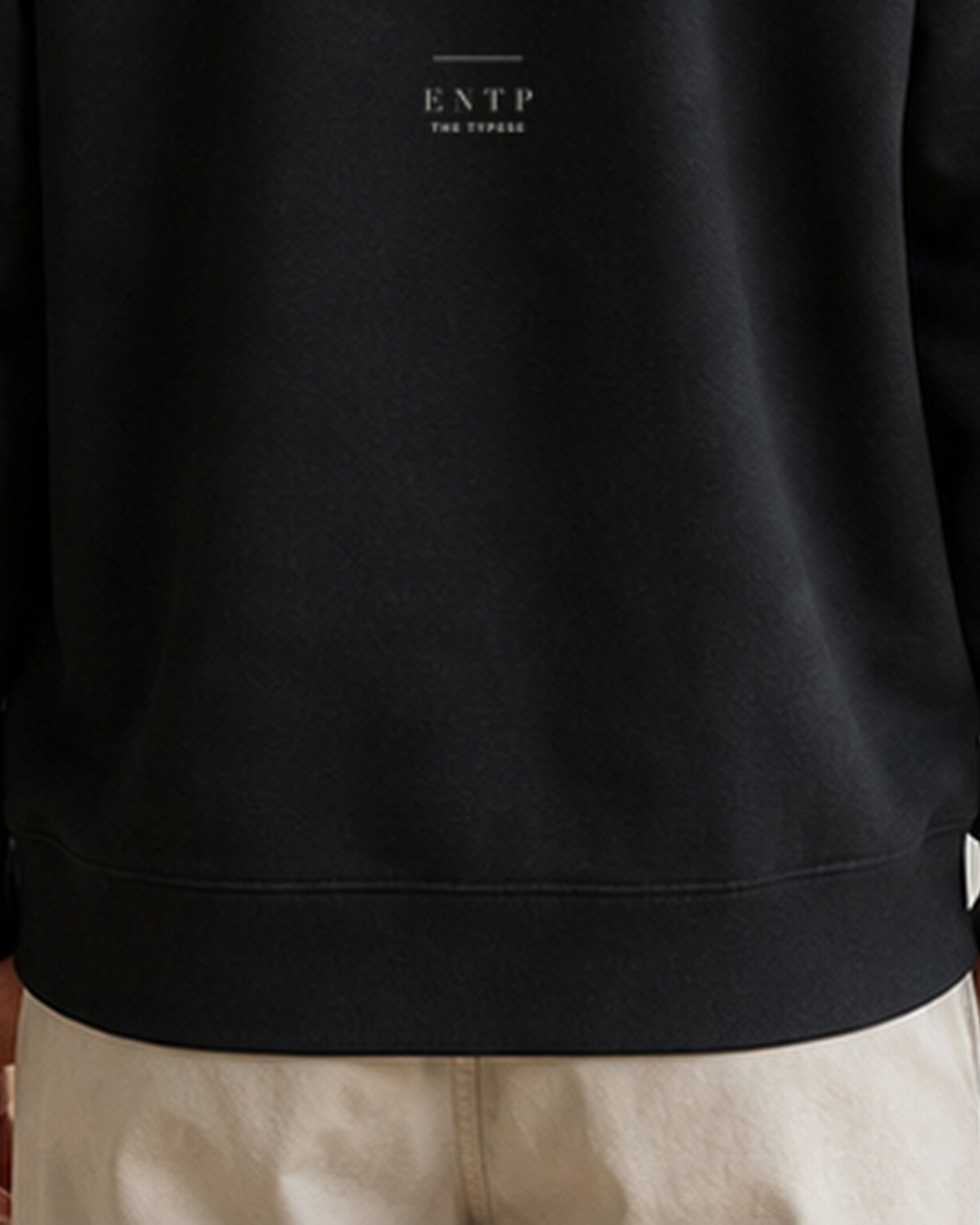 The Typese ENTP Gildan crewneck sweatshirt in black, male back hem fleece texture
