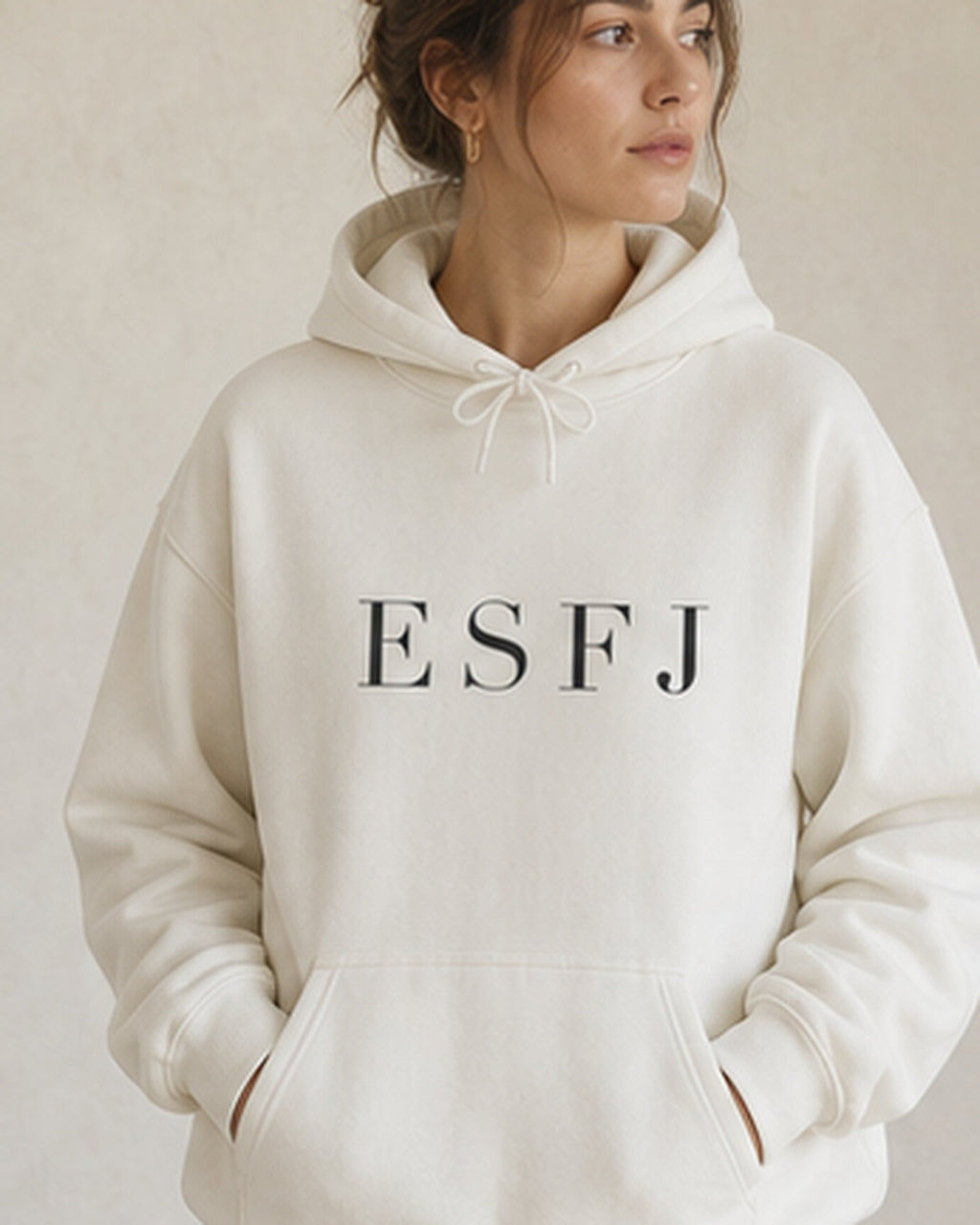 The Typese ESFJ Gildan hoodie in white, female front detail