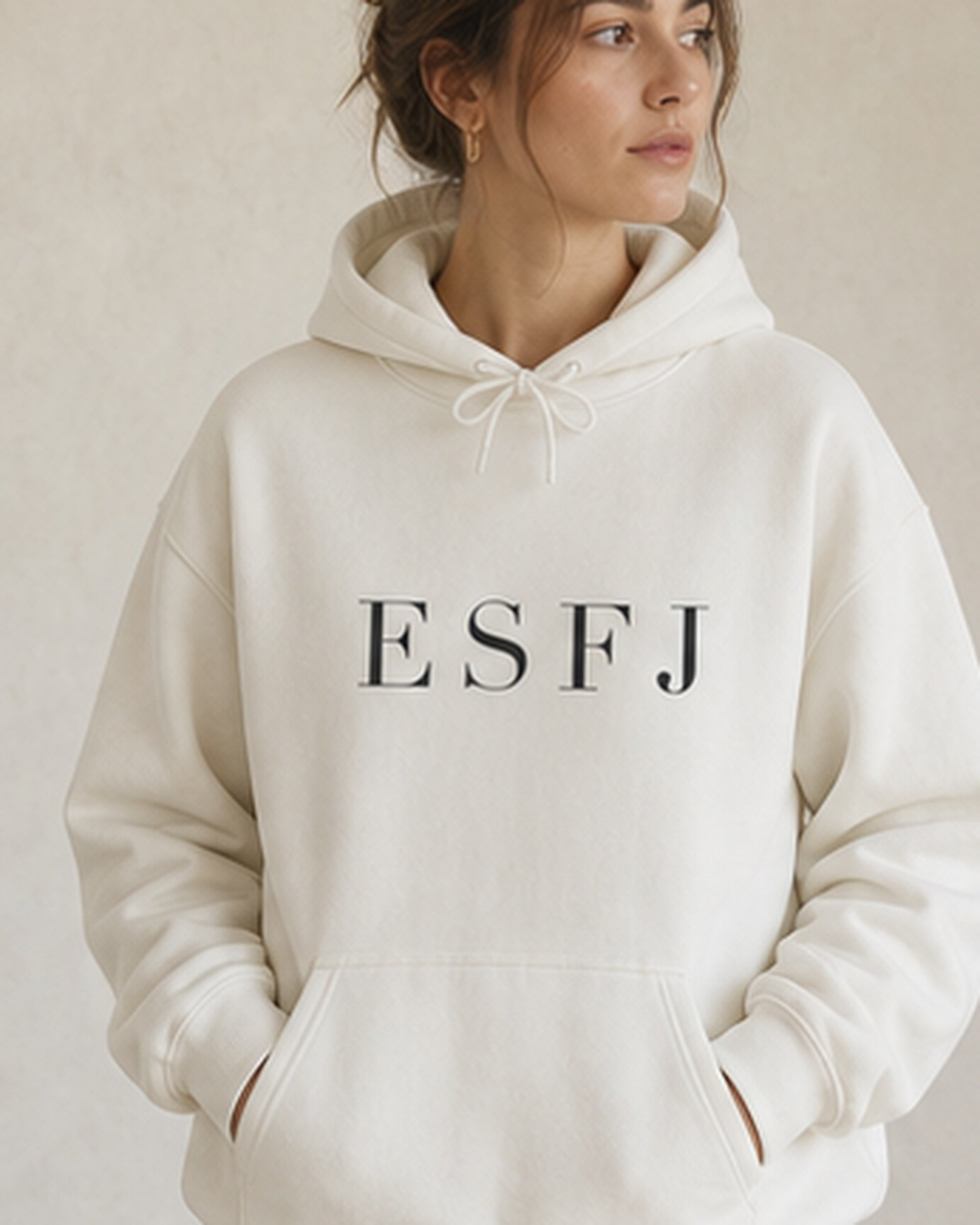 The Typese ESFJ Gildan hoodie in white, female front detail