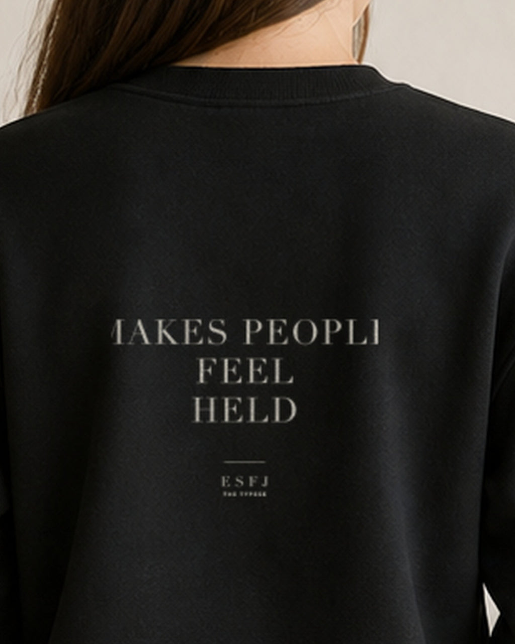 The Typese ESFJ Gildan crewneck sweatshirt in black, female back neckline print