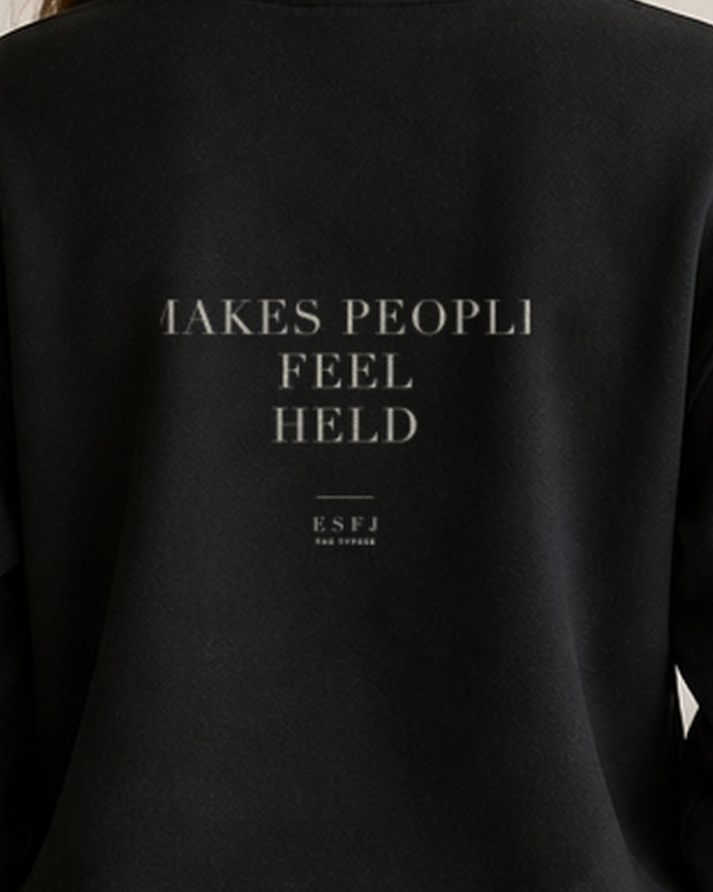 The Typese ESFJ Gildan crewneck sweatshirt in black, female back print close