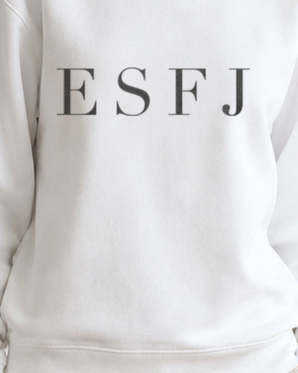The Typese ESFJ Gildan crewneck sweatshirt in white, female front print close
