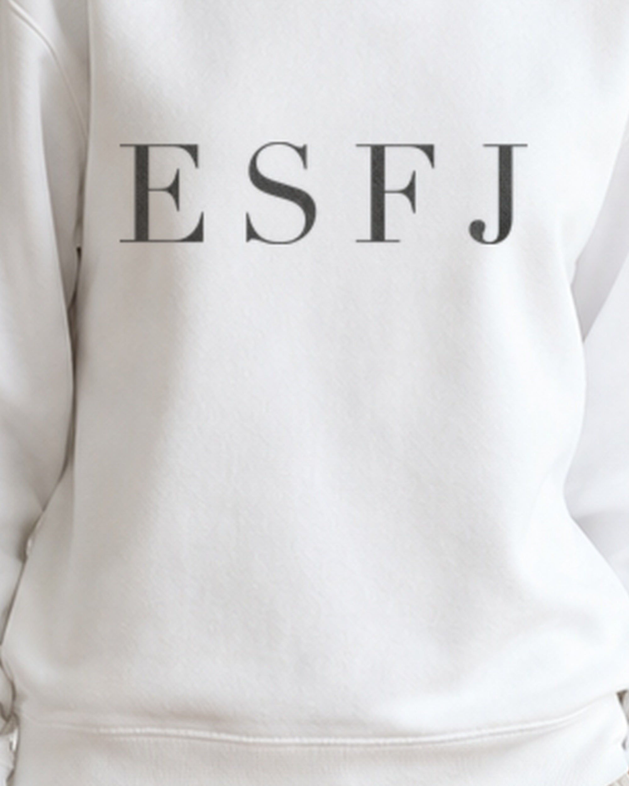 The Typese ESFJ Gildan crewneck sweatshirt in white, female front print close
