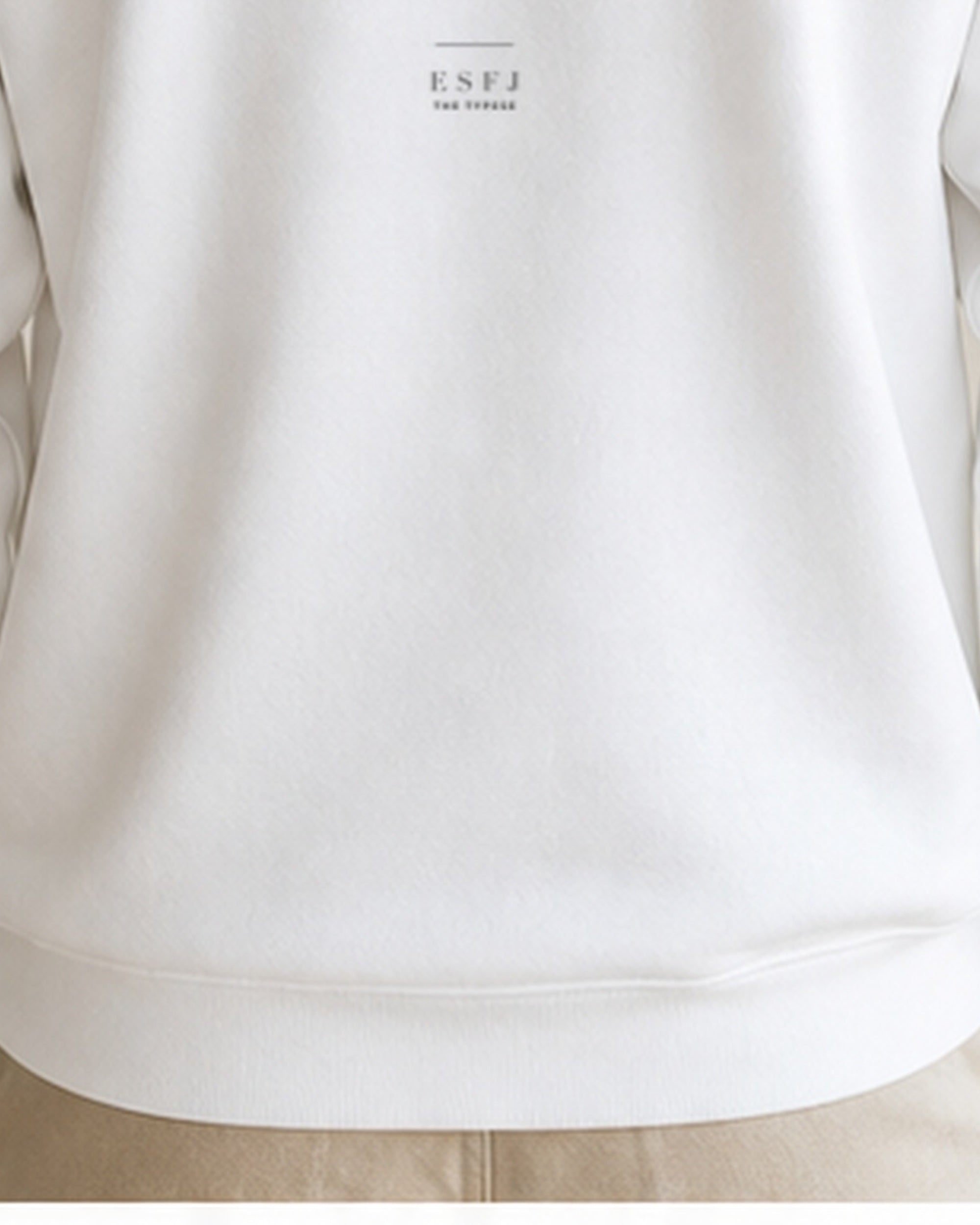 The Typese ESFJ Gildan crewneck sweatshirt in white, male back hem fleece texture