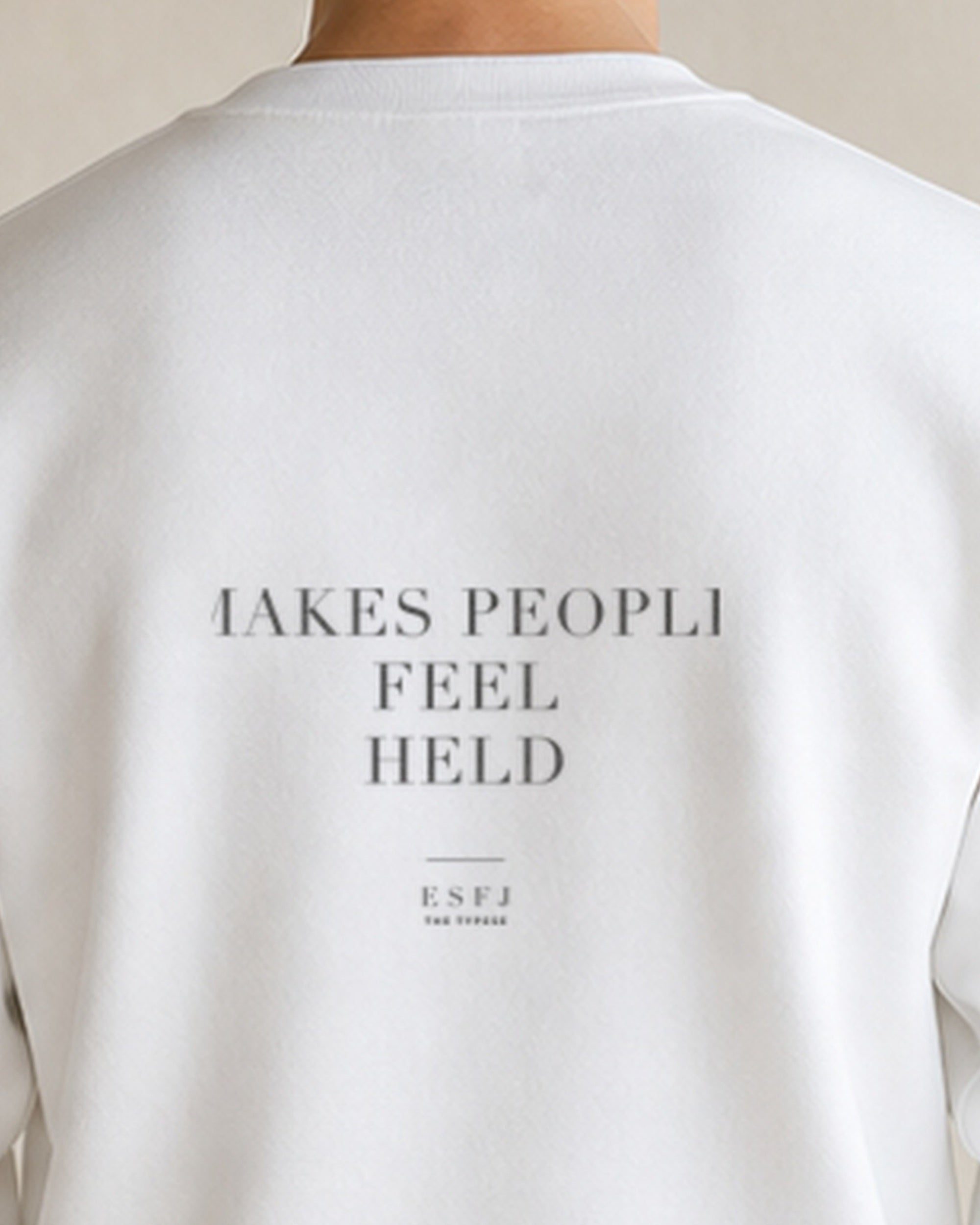 The Typese ESFJ Gildan crewneck sweatshirt in white, male back neckline print