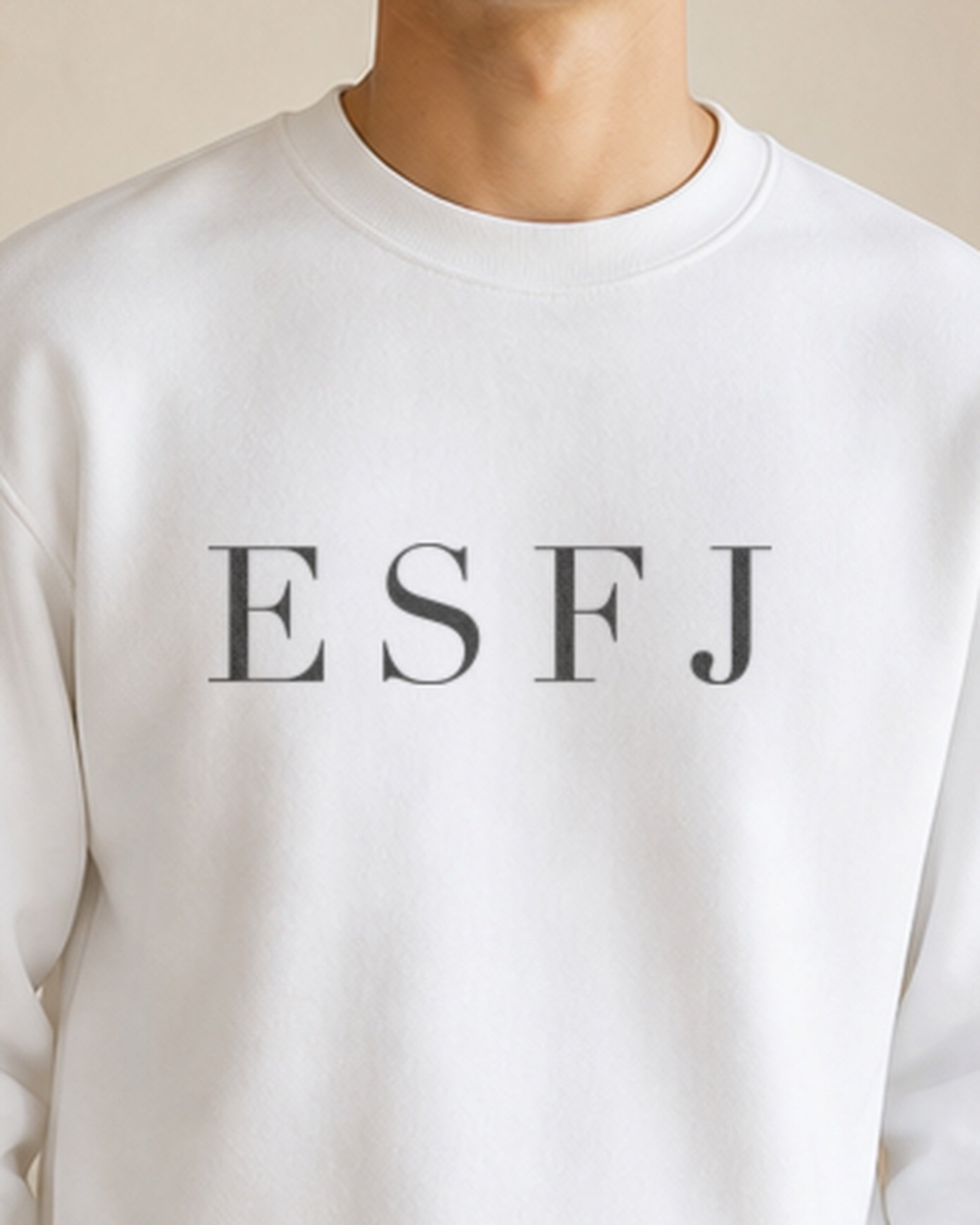 The Typese ESFJ Gildan crewneck sweatshirt in white, male front detail