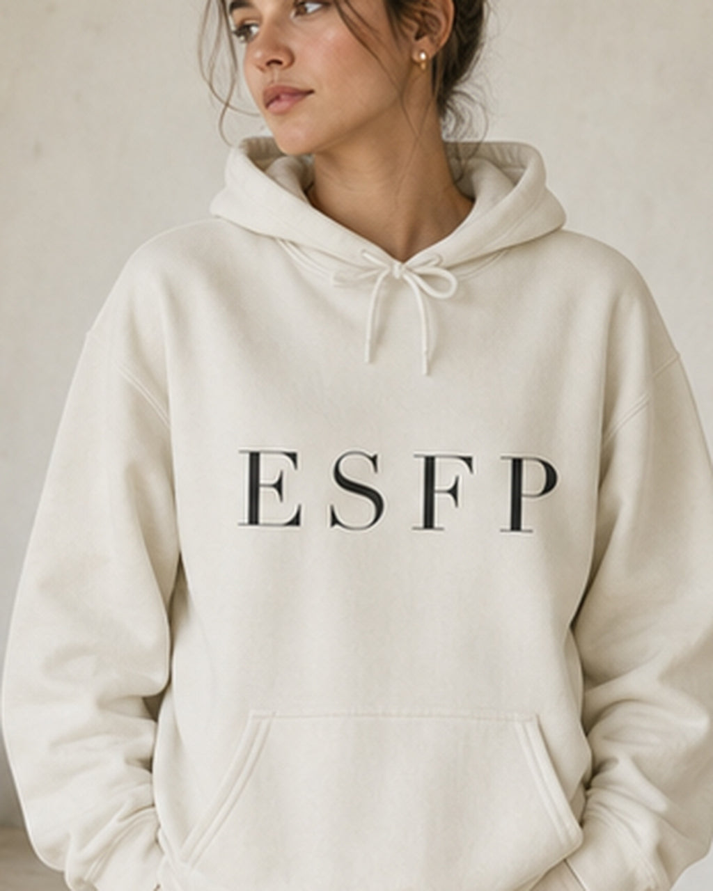The Typese ESFP Gildan hoodie in white, female front detail