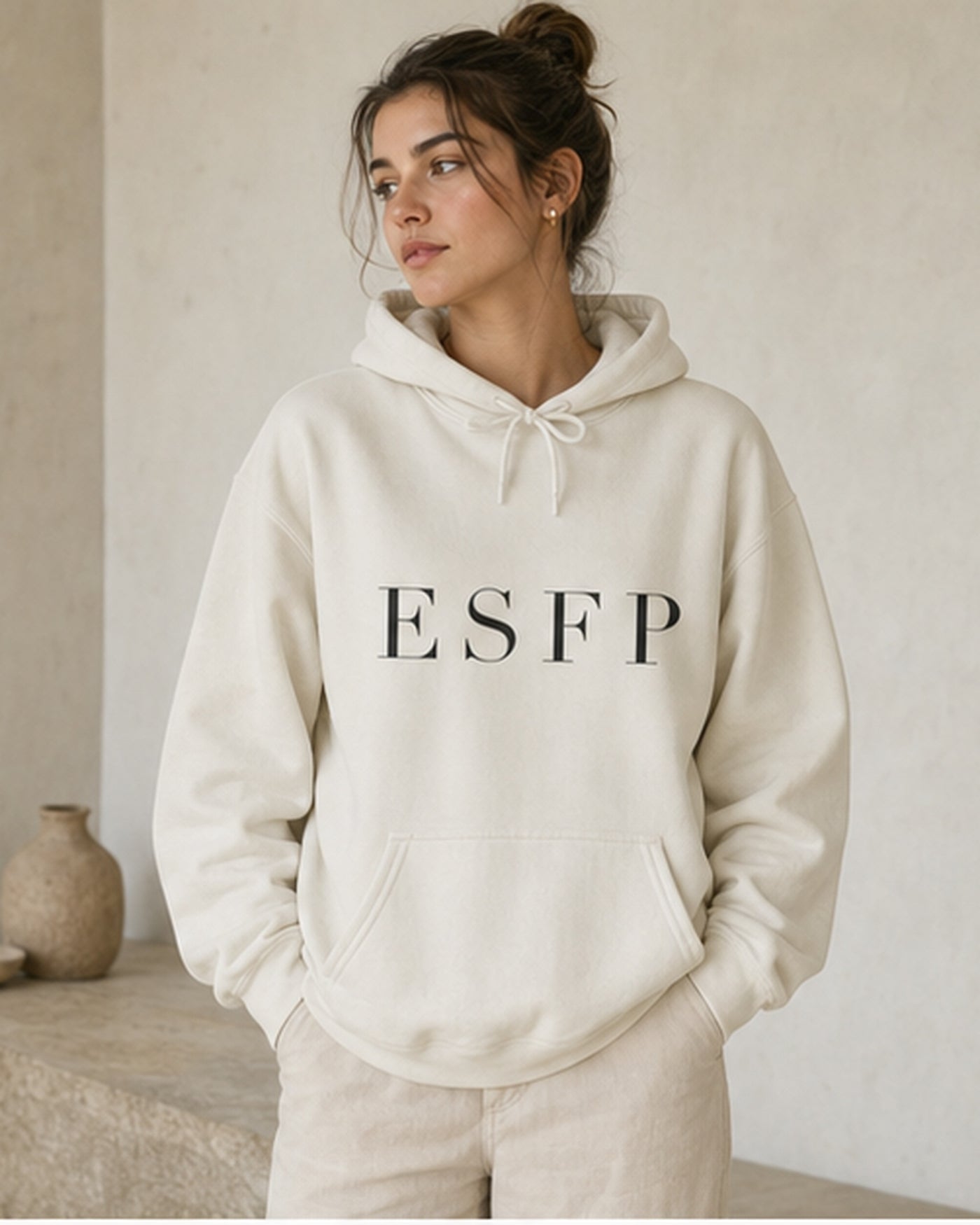 The Typese ESFP Gildan hoodie in white, female front