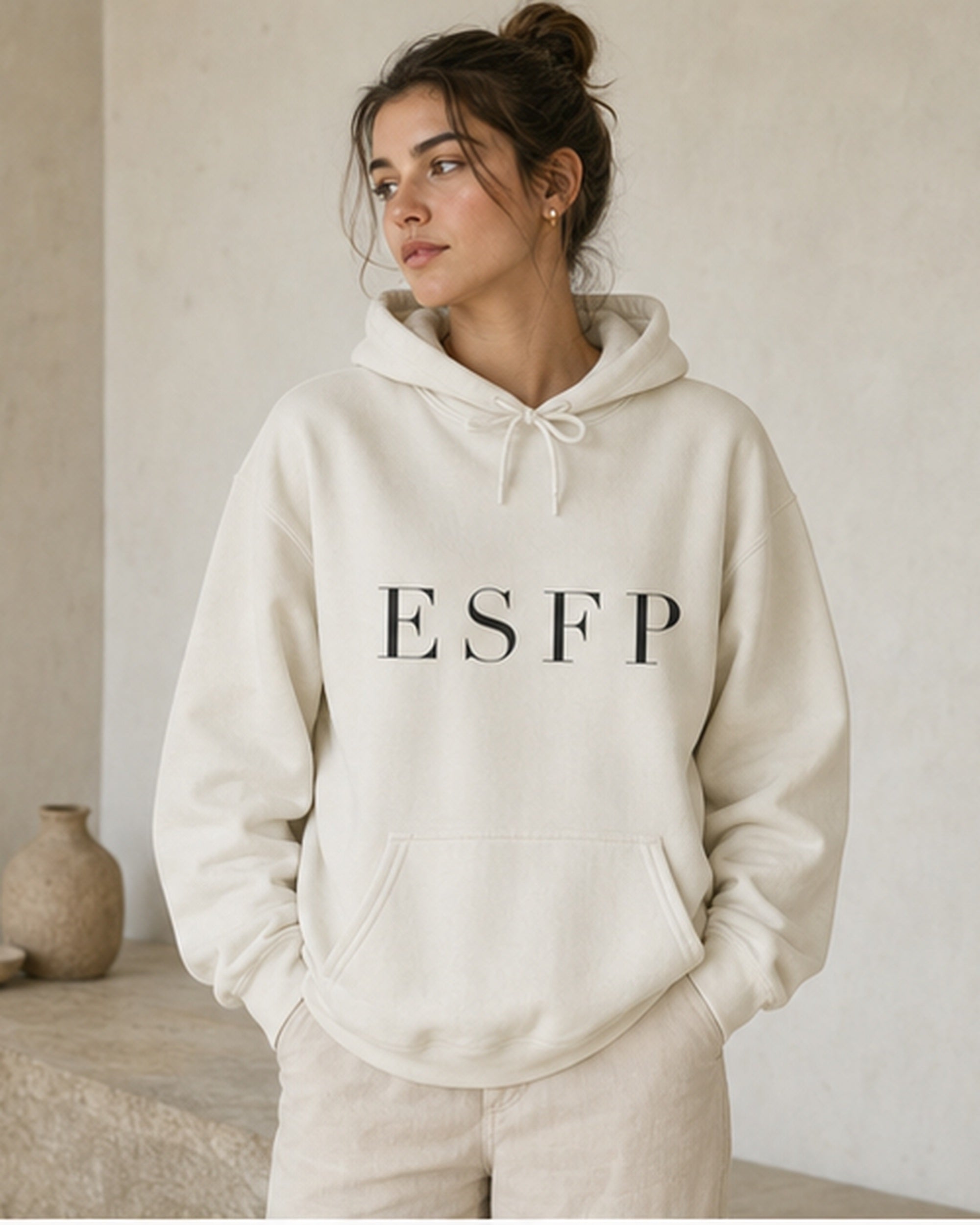 The Typese ESFP Gildan hoodie in white, female front
