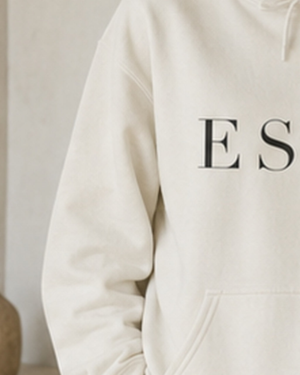 The Typese ESFP Gildan hoodie in white, sleeve detail