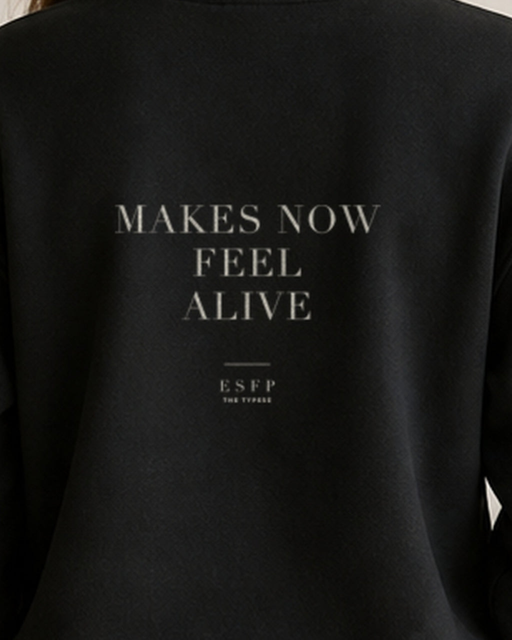 The Typese ESFP Gildan crewneck sweatshirt in black, female back print close