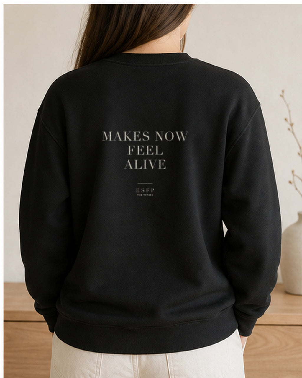 The Typese ESFP Gildan crewneck sweatshirt in black, female back