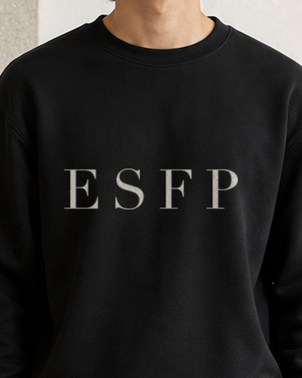 The Typese ESFP Gildan crewneck sweatshirt in black, male front detail