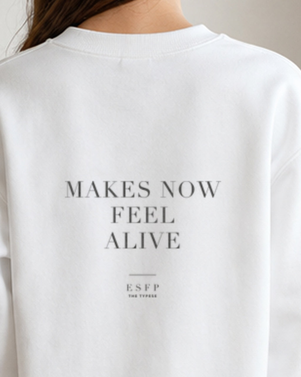 The Typese ESFP Gildan crewneck sweatshirt in white, female back neckline print