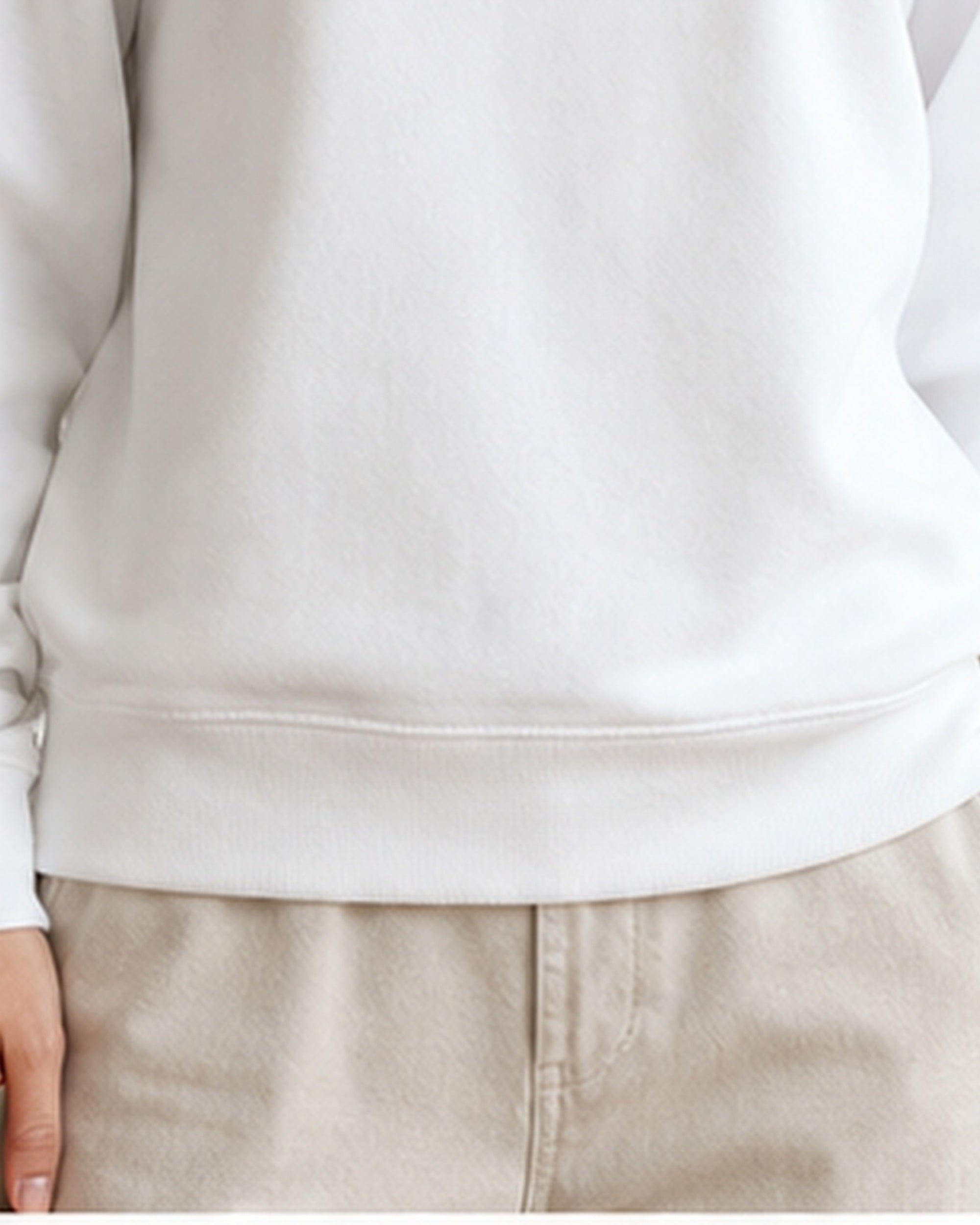 The Typese ESFP Gildan crewneck sweatshirt in white, female front hem fleece texture