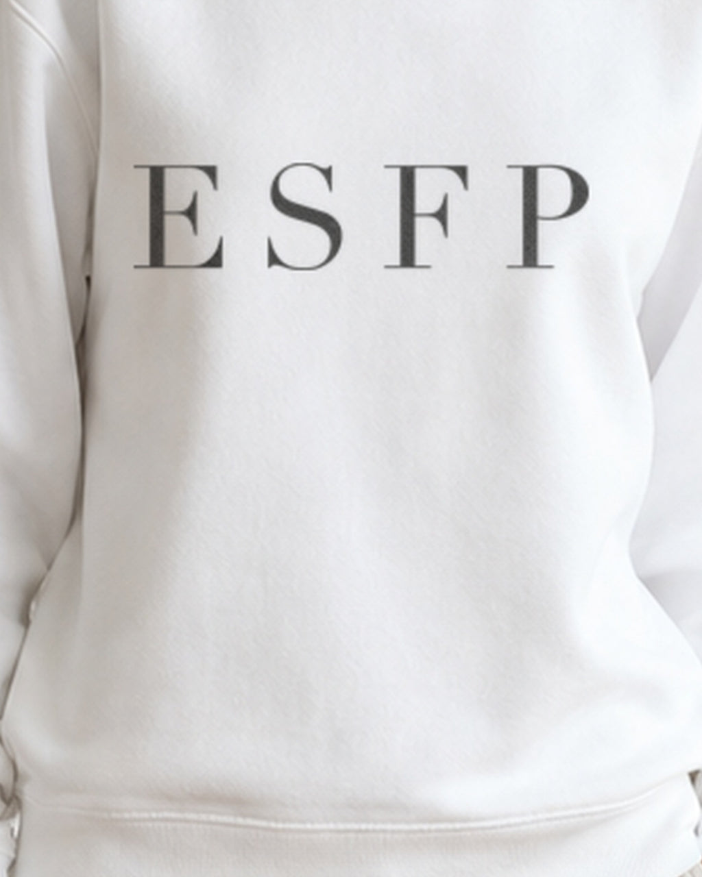 The Typese ESFP Gildan crewneck sweatshirt in white, female front print close