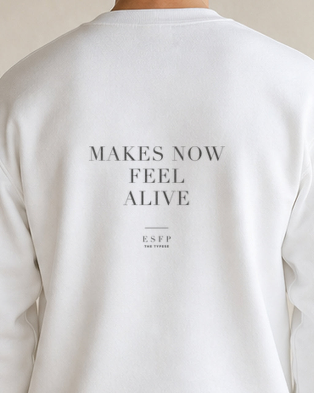 The Typese ESFP Gildan crewneck sweatshirt in white, male back detail